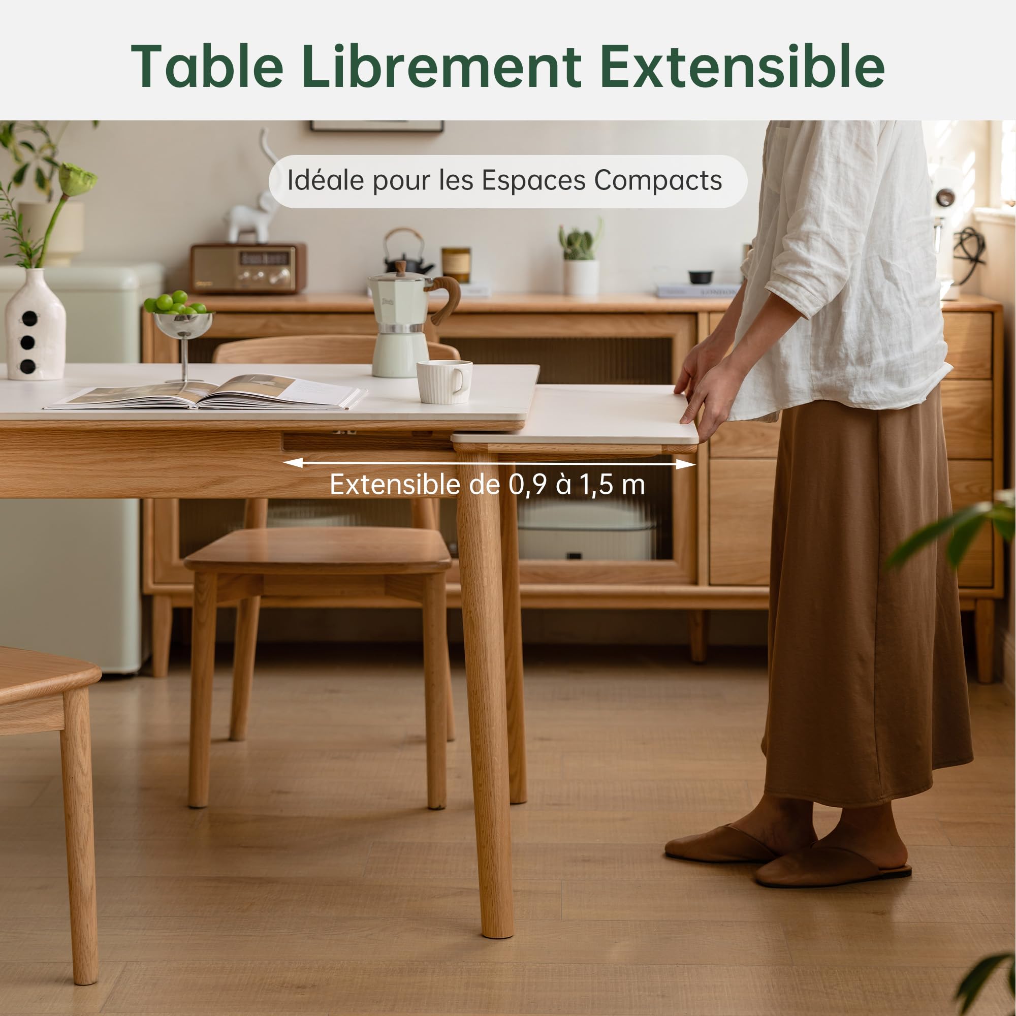 YESWOOD Table à Manger Extensible pour 2 à 6 Personnes, Chêne Massif