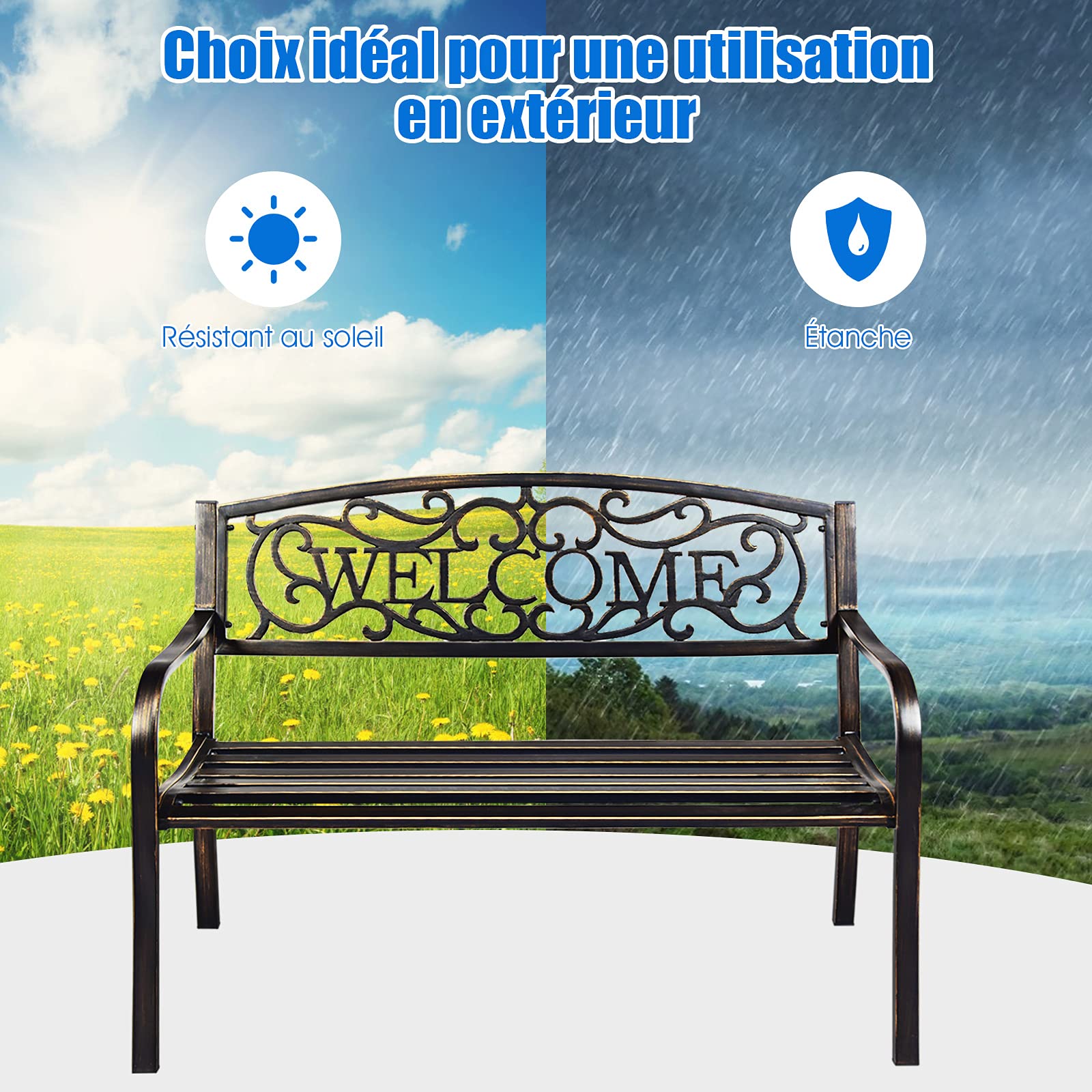 GOPLUS Banc Exterieur Jardin, 127 x 63 x 89 CM, Place pour 2 Personnes, Banquette Exterieur de Cadre en Métal, Charge 320KG, Dossier Ajouré avec Motif Mot, Idéal pour Patio, Piscine (Bronze)