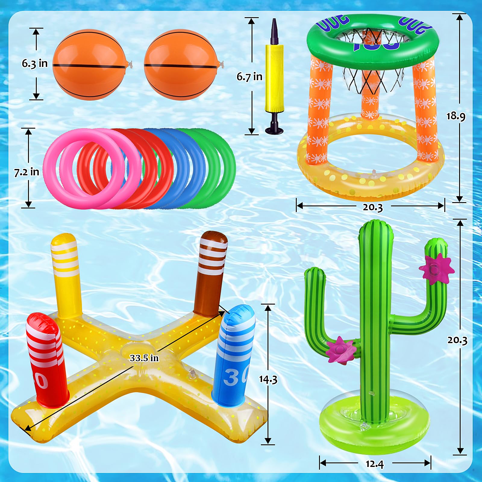 Pool Games Set-8 Inflatable Rings,Inflatable Basketball Hoop,Cactus Toss Game,Cross Toss Game and 2 Inflatable Small Basketballs-Perfect Water Toys for Kids,Teens and Adults