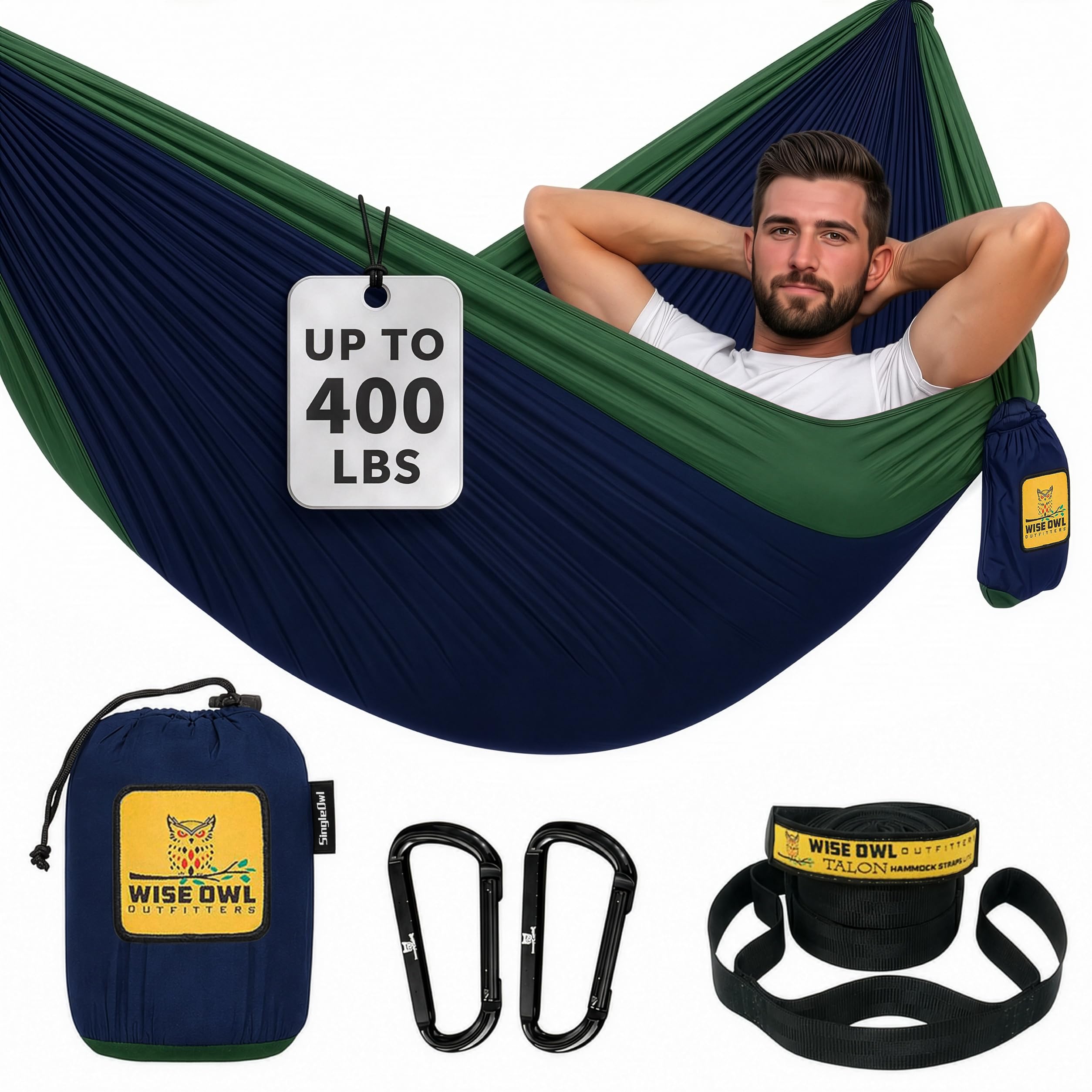 Wise Owl Outfitters Camping Hammocks - Portable Hammock for Outdoor, Indoor, Single Use w/ Tree Straps - Backpacking, Travel, and Camping Accessories, Navy &amp; Forrest