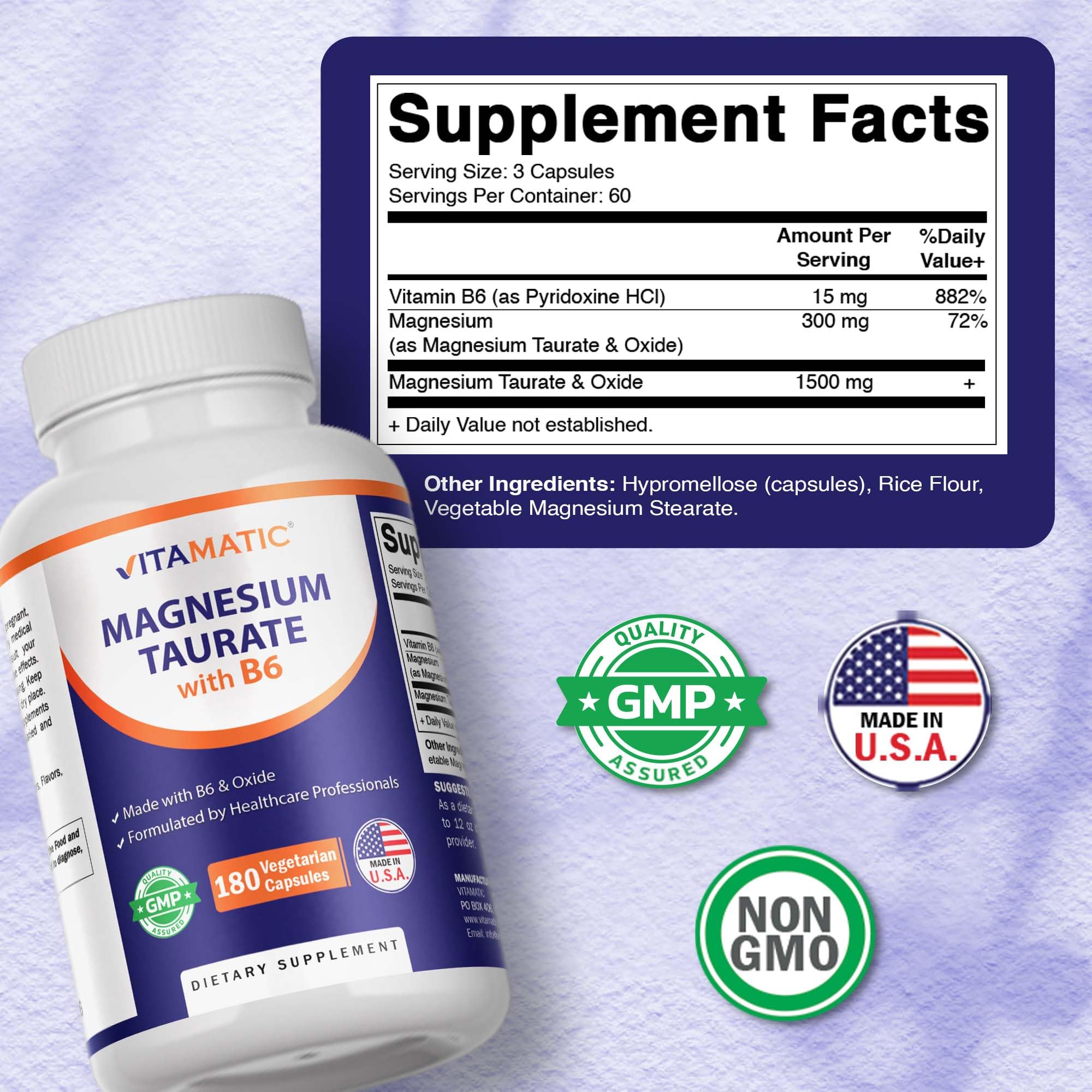 Vitamatic Magnesium Taurate 1500mg per Serving - 180 Vegetarian Capsules (Provides 300 mg of Elemental Magnesium) - Added B6 for Maximum Absorption - Supports Muscle, Joint, and Heart Health* — Amazon image 2