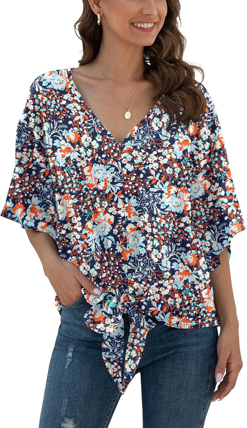 VIISHOW Womens Tie Front Chiffon Blouses V Neck Batwing Short Sleeve Summer Tops Shirts - Image 2