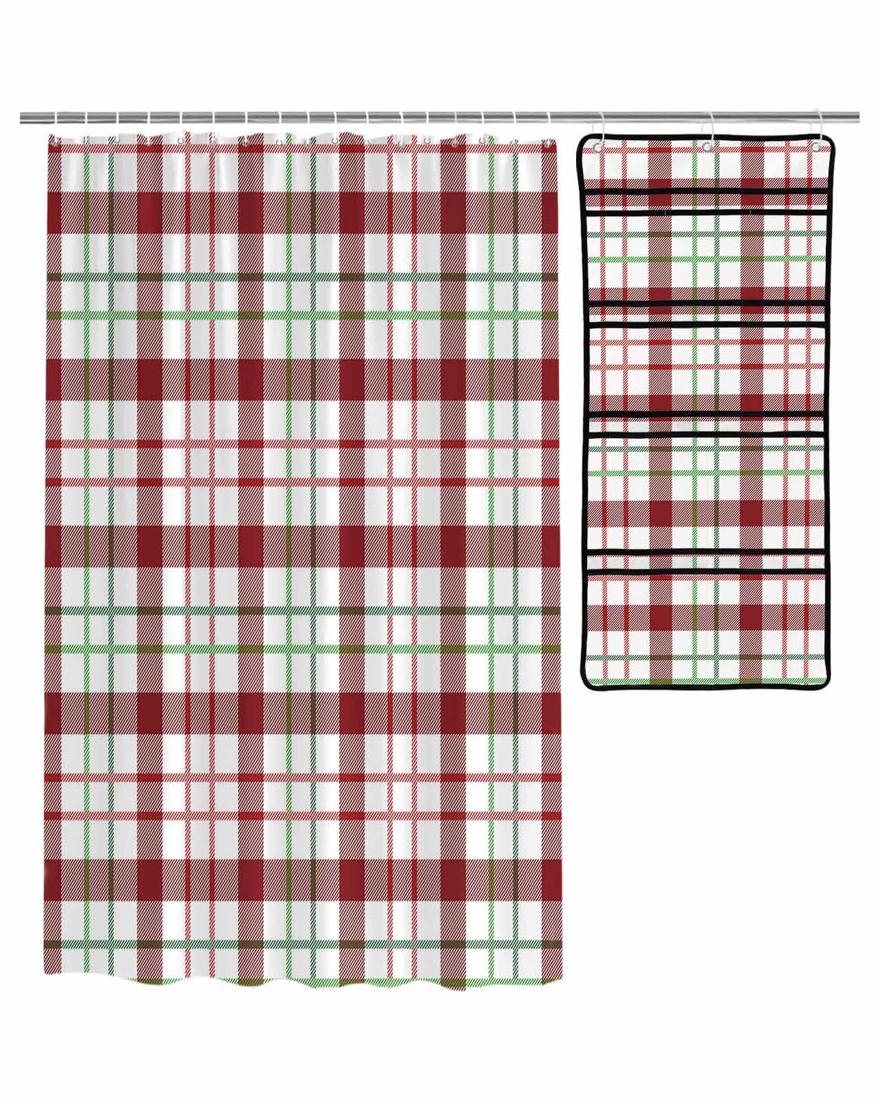 ZFUNCING Shower Curtain Mesh Shower Organizer Set Christmas Red Green Lattice Waterproof Bath Curtains Hanging Shower Caddy Bathroom