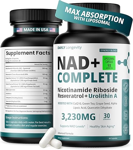 DAYLY Suplemento liposomal NAD+ - Ribosida de nicotinamida con urolitina A, resveratrol y CoQ10 - Fórmula NAD Plus para hombres y mujeres - Energía,