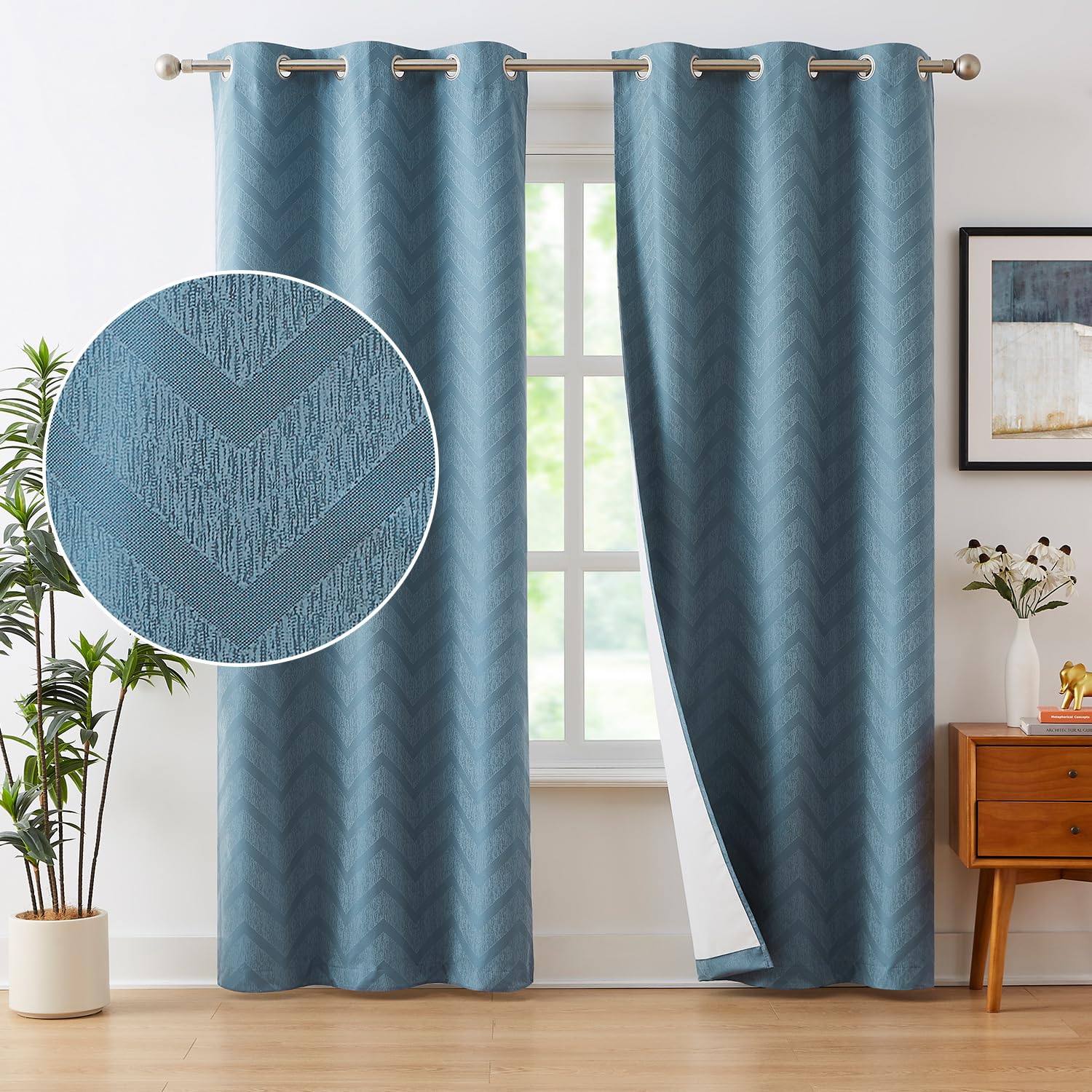 Chevron Total Full Blackout Window Curtains for Bedroom Living Room, Elegant Jacquard Geometric Pattern Window Drapes with White Backing for Total Light Blocking Slate Blue, 40x63 Grommet Top 2 pcs