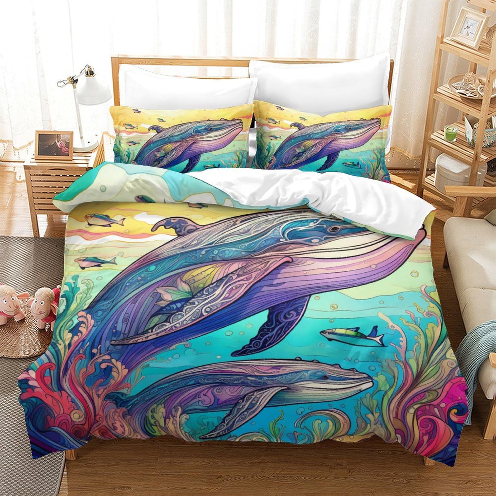 Housse de couette baleine 3D grand lit 220x240cm pour une chambre style évasion marine