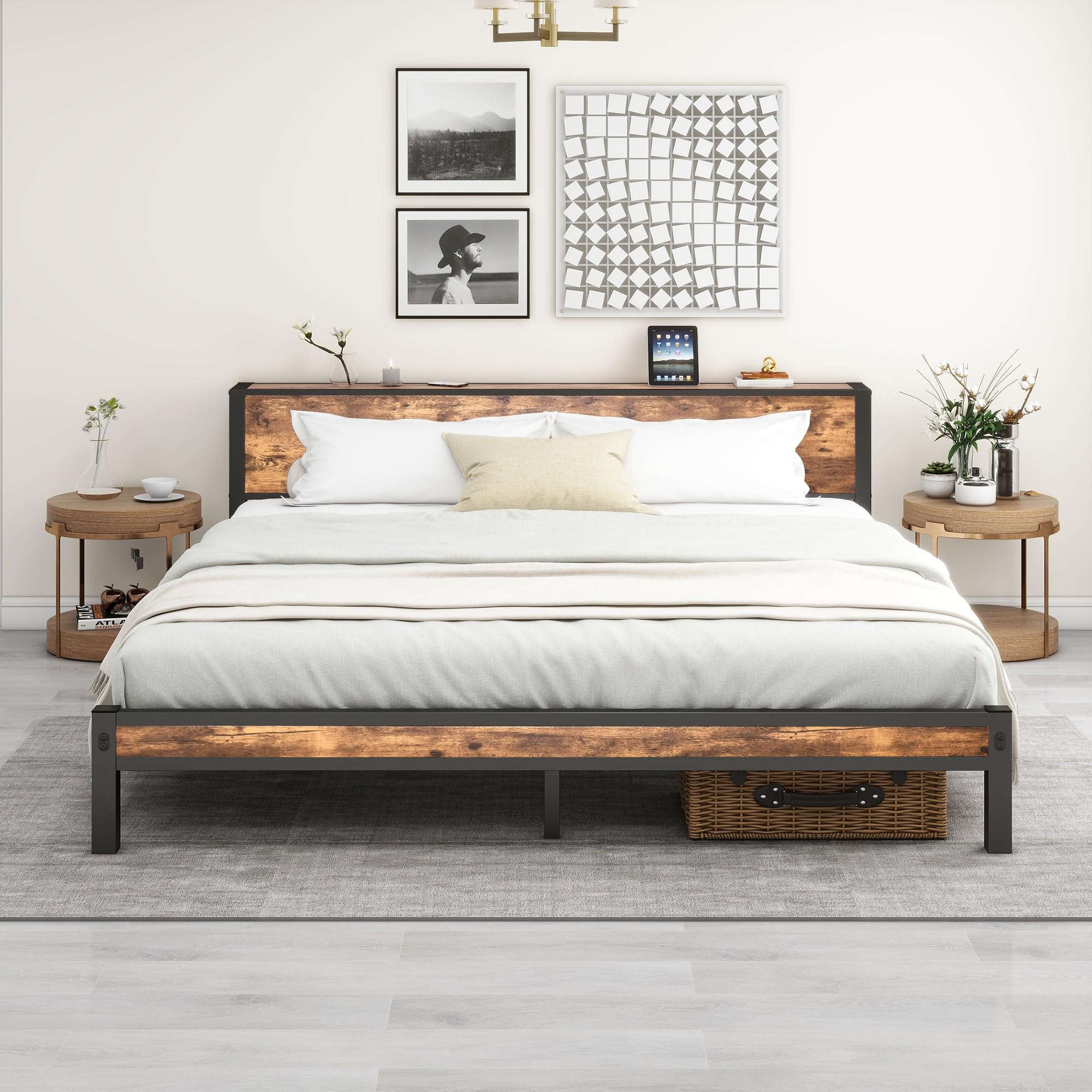 DUMEE King Bed Frame with Wood Storage Headboard, Metal Platform Bed Frames King Size, No Box Spring Needed, Noise Free, Black & Vintage Brown