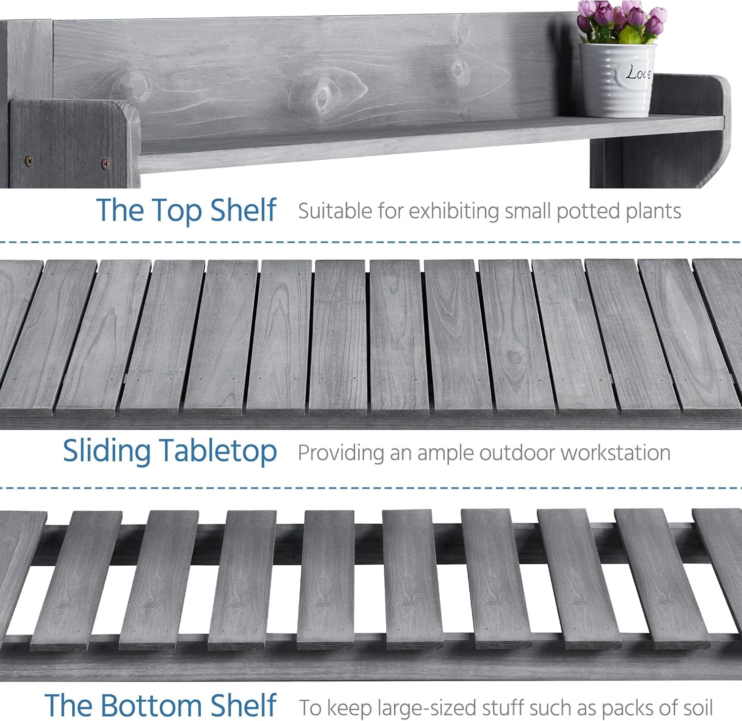 Yaheetech Potting Bench Table Outdoor Garden Potting Table Wooden Workstation w/Sliding Tabletop Removable Sink w/Storage Shelf Flower Pot Bench Mobile Garden Potting Bench Gray