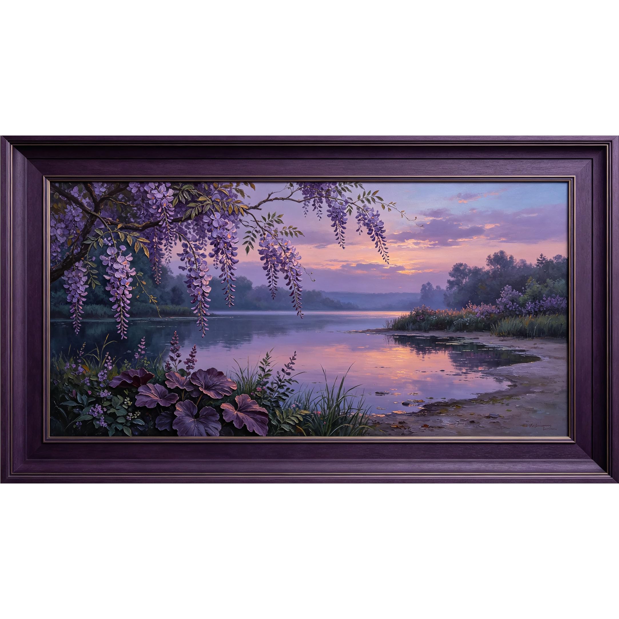 QZLITHOTIC 50×100cm 3D Framed Wall Art， Botanical Lake Sunset Landscape Self?Adhesive Mural， Water?Activated Peel & Stick Fabric Decor Wall Decal for Bedroom Living Room