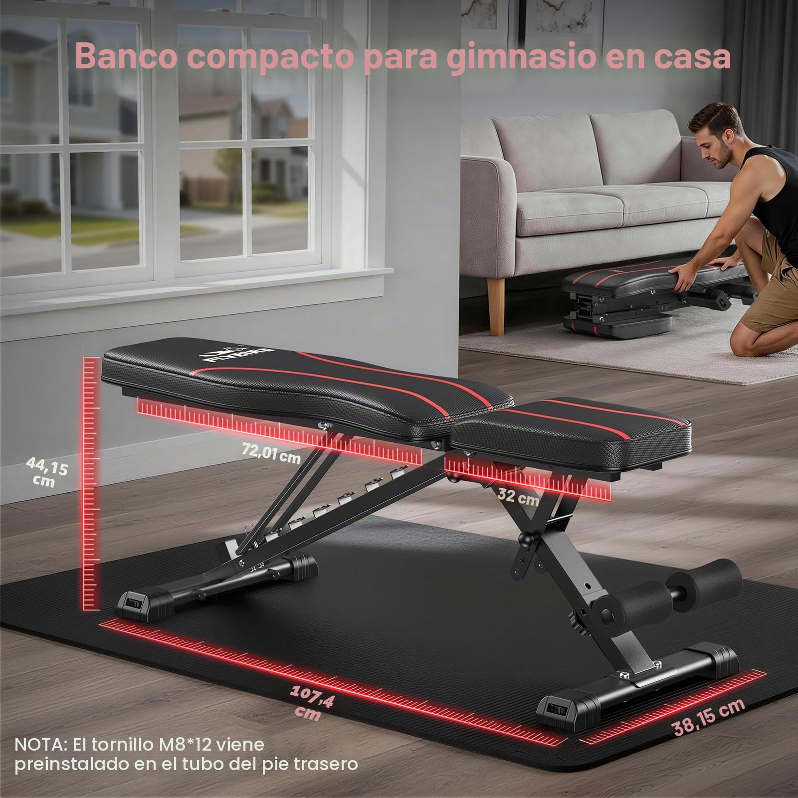 Banco de pesas regulable, plegable y fácil de guardar, posiciones plana/inclinada/declinada/vertical para entrenamiento integral en casa y oficina, preensamblado al 80%