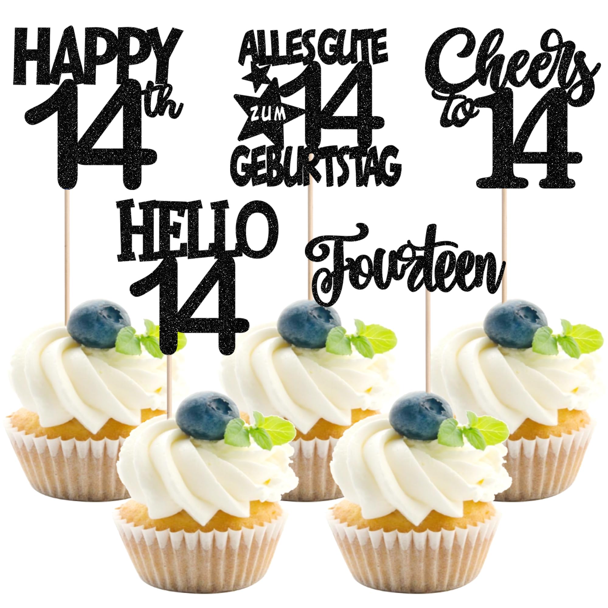 30 Stück 14th Geburtstag Tortendeko Glitzer Alles Gute zum Geburtstag 14 Kuchen Deko Double Digits Fourteen Cupcake Toppers für Prost auf 14th Jahre Jahrestag Party Kuchen Dekorationen Schwarz