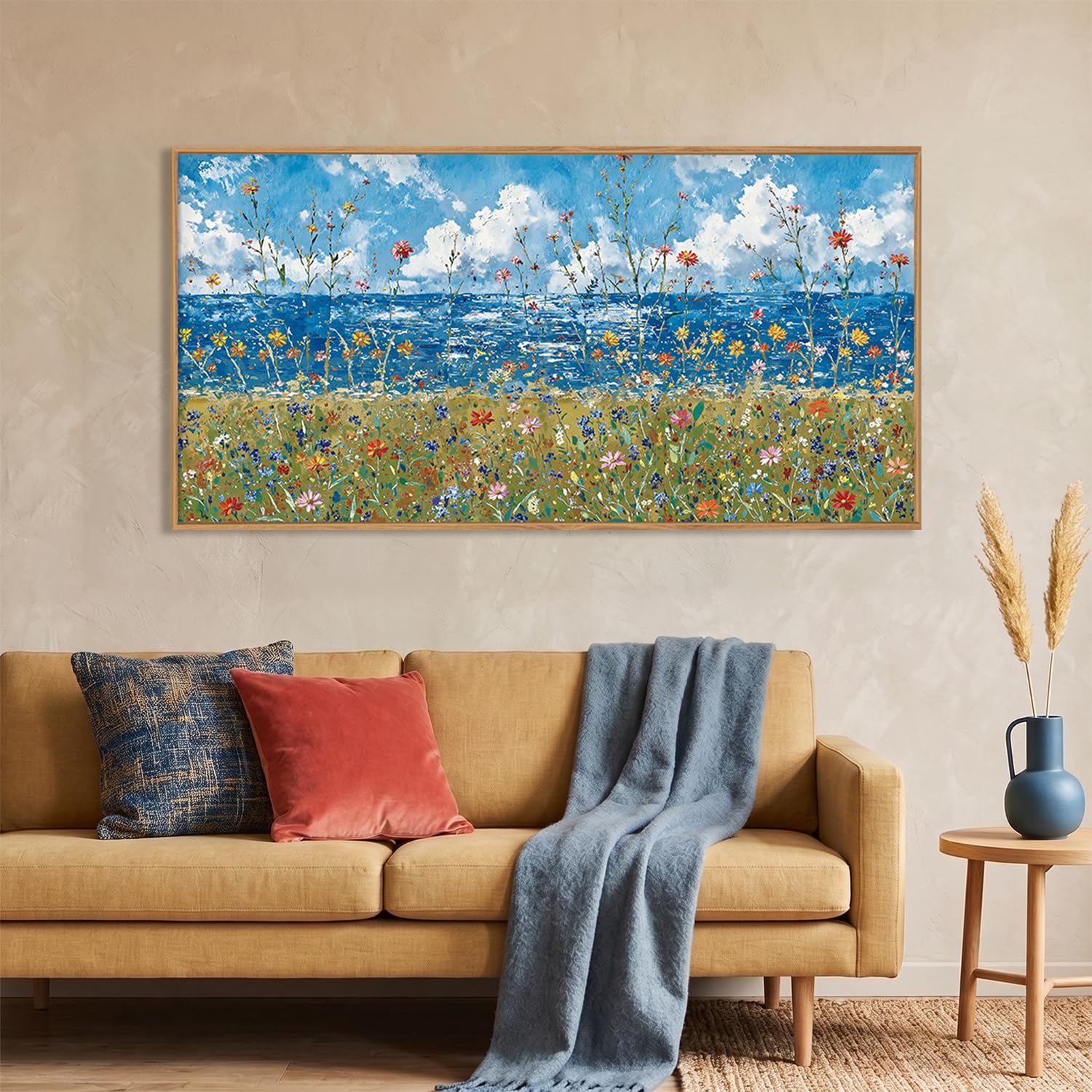View 1 of (SEE NOTES)BICERE Large Blue Seaside Wildflower Framed Canvas Wall Art,Modern Nature Ocean Wall Decor,Rustic Sky Printing,White Cloud Landscape Artwork for Living Room,Bedroom,Dining Room-20"x40"x1