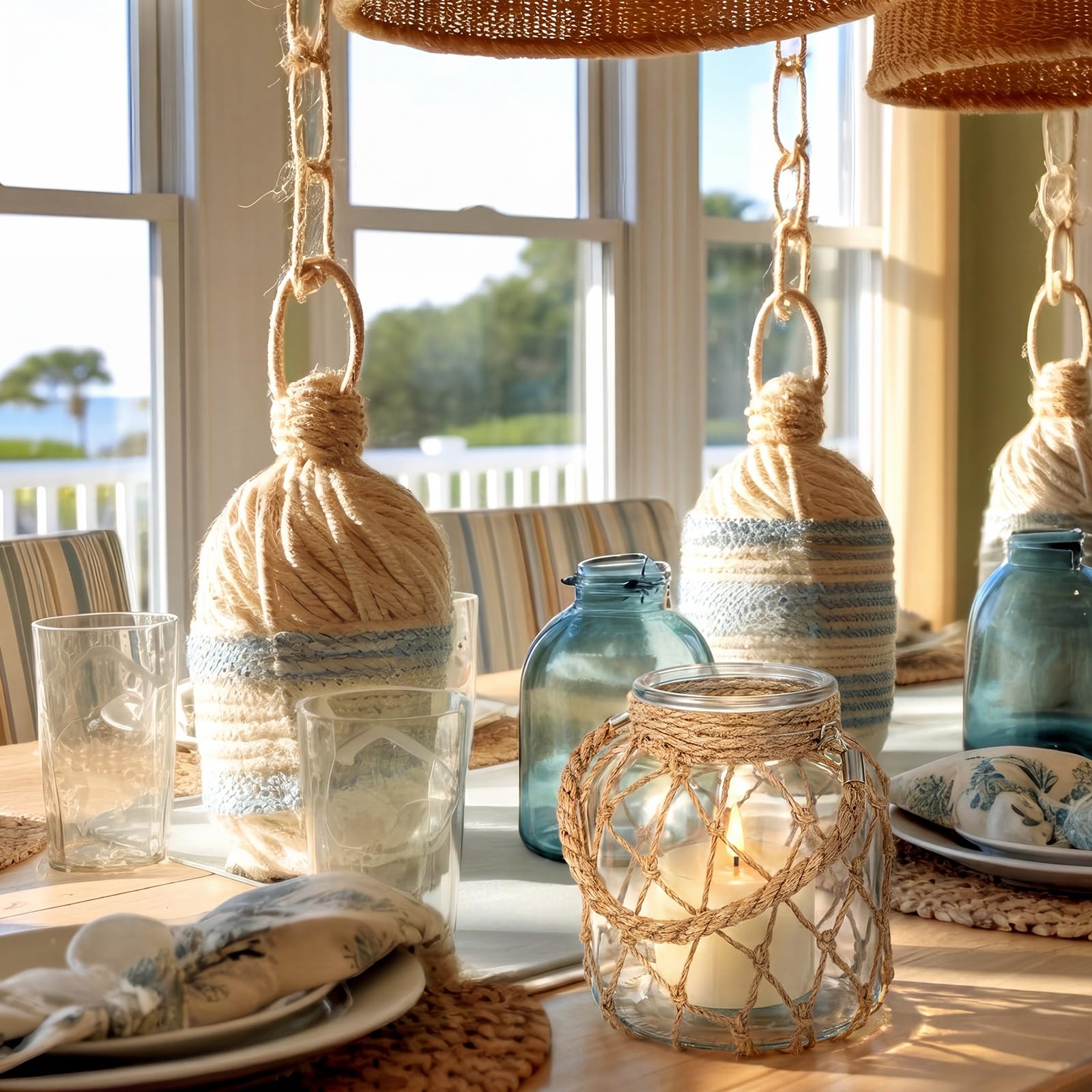 Blushtier 1 set di lanterne nautiche con manico in corda, barattolo di vetro costiero, funzionamento a batteria, lanterna LED senza fiamma, per mare, spiaggia, casa, tavolo, centrotavola, decorazione