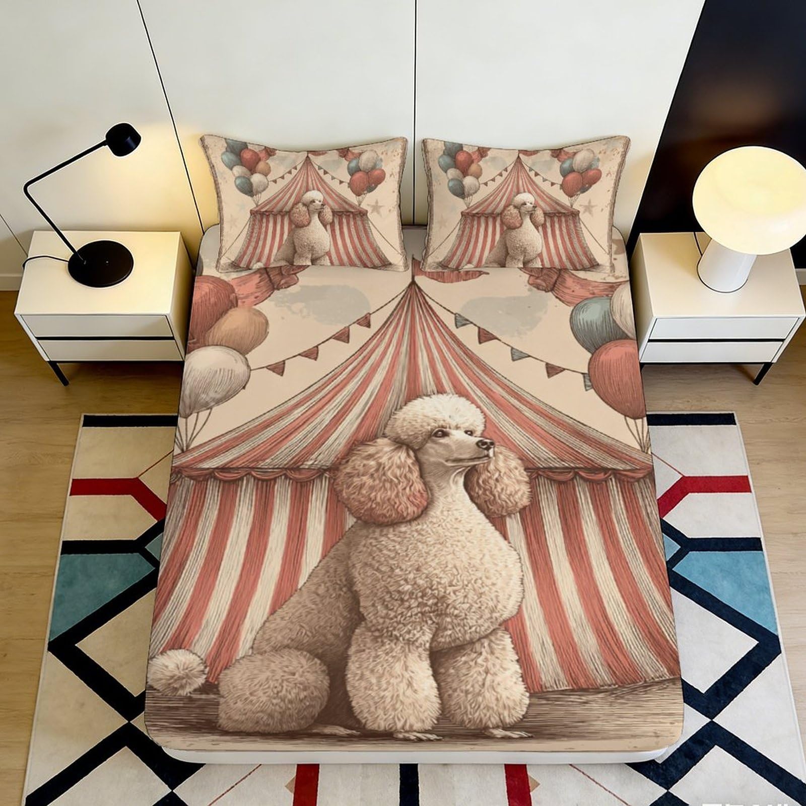 Pnayamiorkfel Style-10 3D Printed Circus Tent Fitted Sheet Microfiber Poodle Balloon Mattress Cover Bedroom Decor Anti-Slip Washable 90X200x25cm