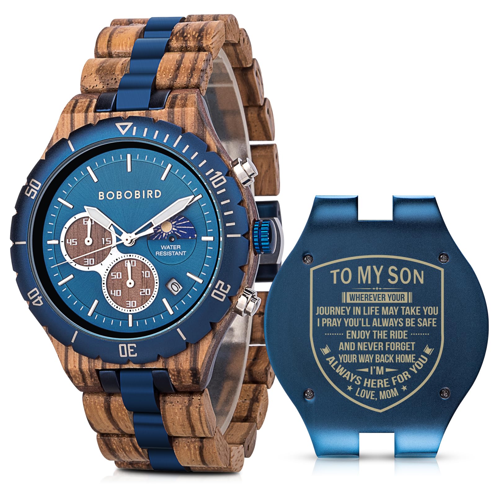 2winMens Personalized Engraved Wooden Watches Fashion Multifunction Custom Watch Birthday Anniversary Wood Watches for Husband Boyfriend Dad Him Son with Gift Box
