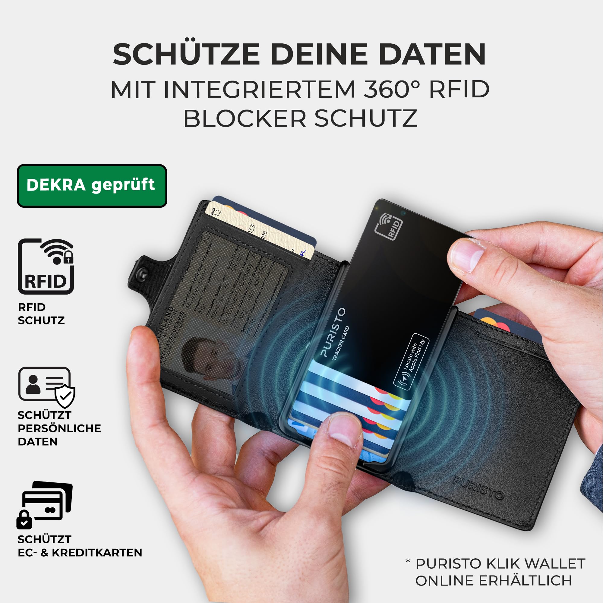 Wallet Tracker Karte Wireless - Apple AirTag Pendant im Kartenformat | 3-in-1 mit RFID Blocker und Lost & Found Service | Wiederaufladbar, dünn | Apple Wo ist? | AirTag Tracker Karte