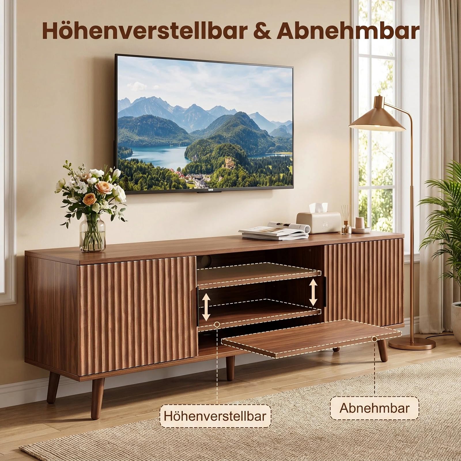 HAINEW Mobile TV basso con 2 ante, noce, 138 x 39 x 49 cm, D26082709