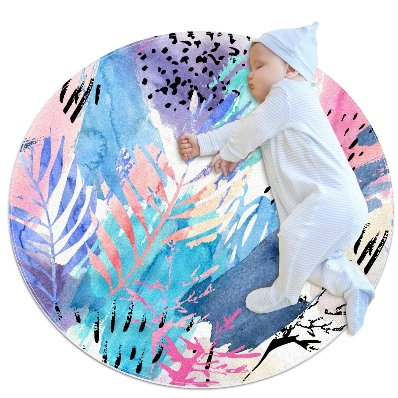 Tapis de salle de bain rond 1m motif feuilles peintes à la main antidérapant