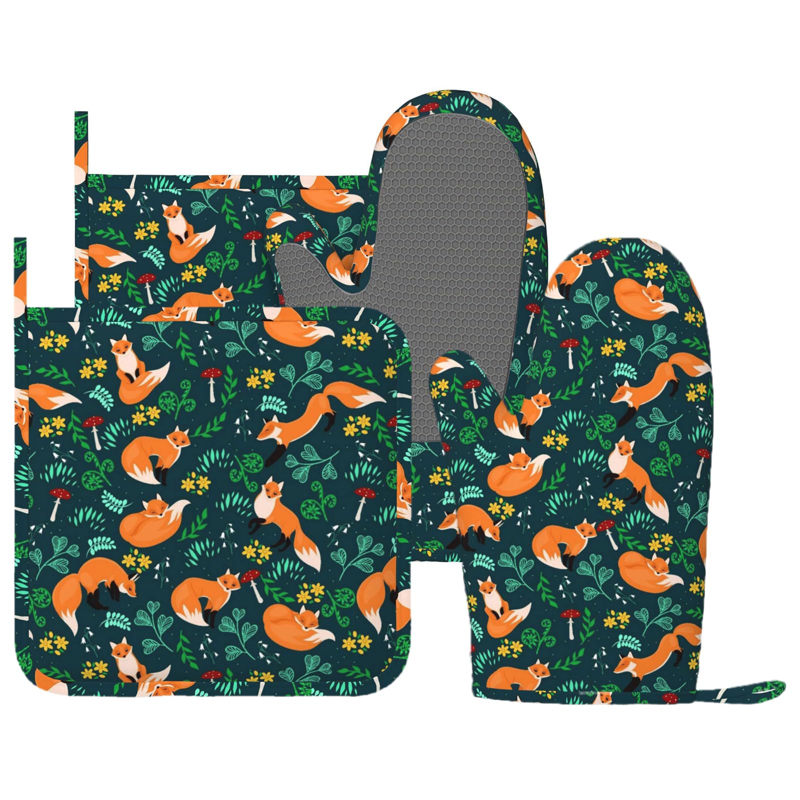 Lot de 4 maniques et maniques tendance en forme de renard - Résistantes à la chaleur - Motif floral vert - Pour cuisine, pâtisserie, grillades, barbecue