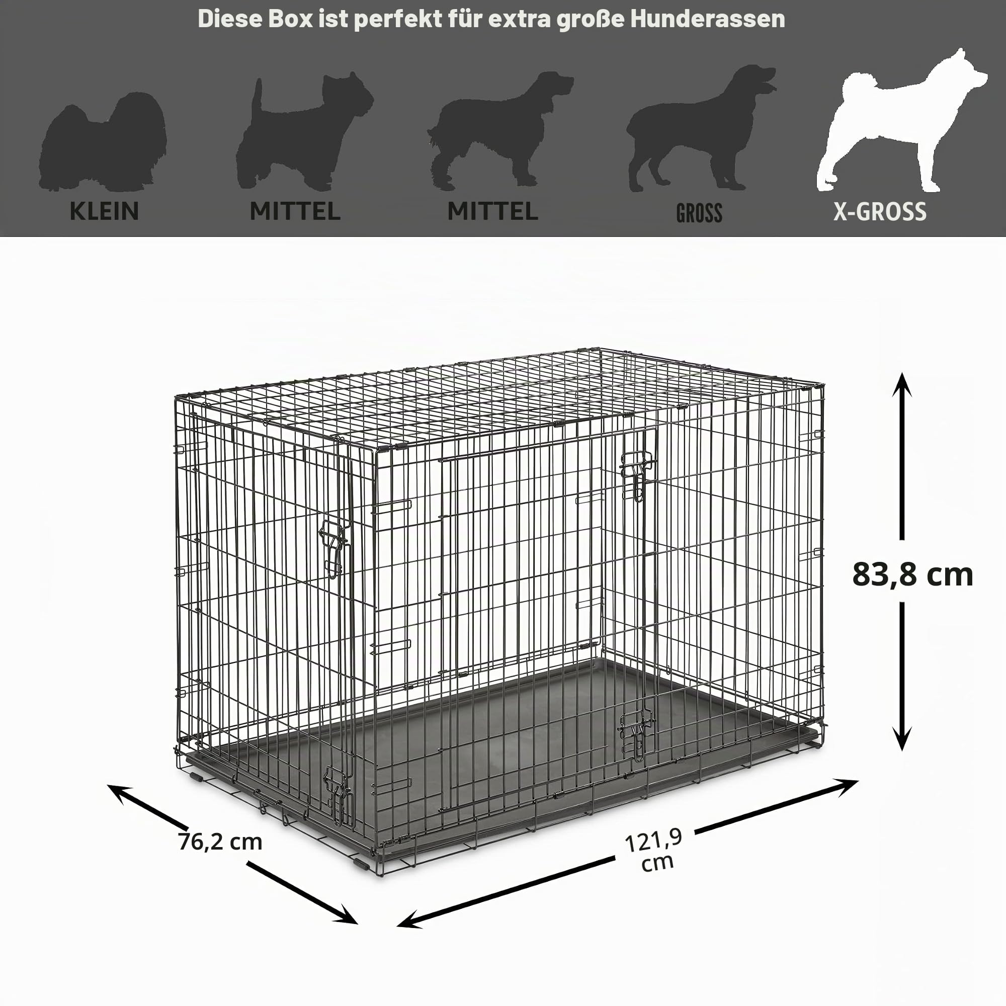 Zweitürige, zusammenklappbare Metall-Hundebox, 122 cm, verbesserte Sicherheit, inkl. auslaufsicherer Wanne, für extragroße Rassen