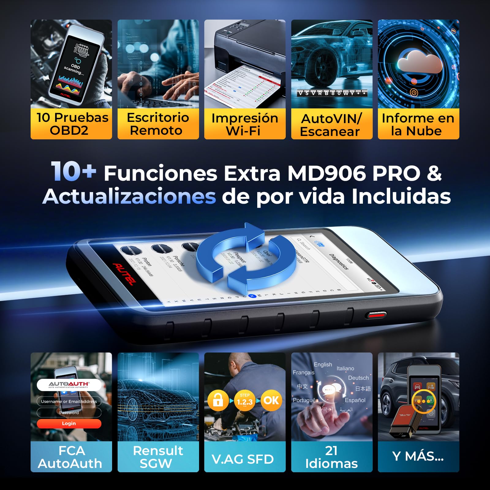 Autel MaxiDiag MD906PRO Diagnosis Coche Multimarca: 2025 Bluetooth Ver. de MaxiCOM MK808S MX808S, Sucesor de MD808PRO MD806 OBD2 Maquina Diagnosis, FCA SGW CAN FD,11 Servicio, Sin Cargo de Suscripción