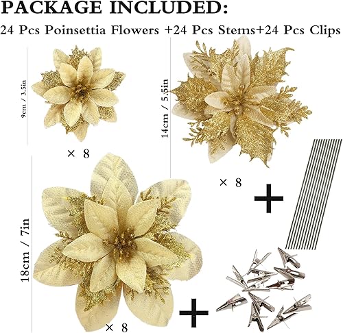 Miniatura 112 de GREENTIME 12 flores de Pascua artificiales azules con purpurina de 5.5 pulgadas, flores de Navidad con clips, tallos de Navidad, adornos para árbol