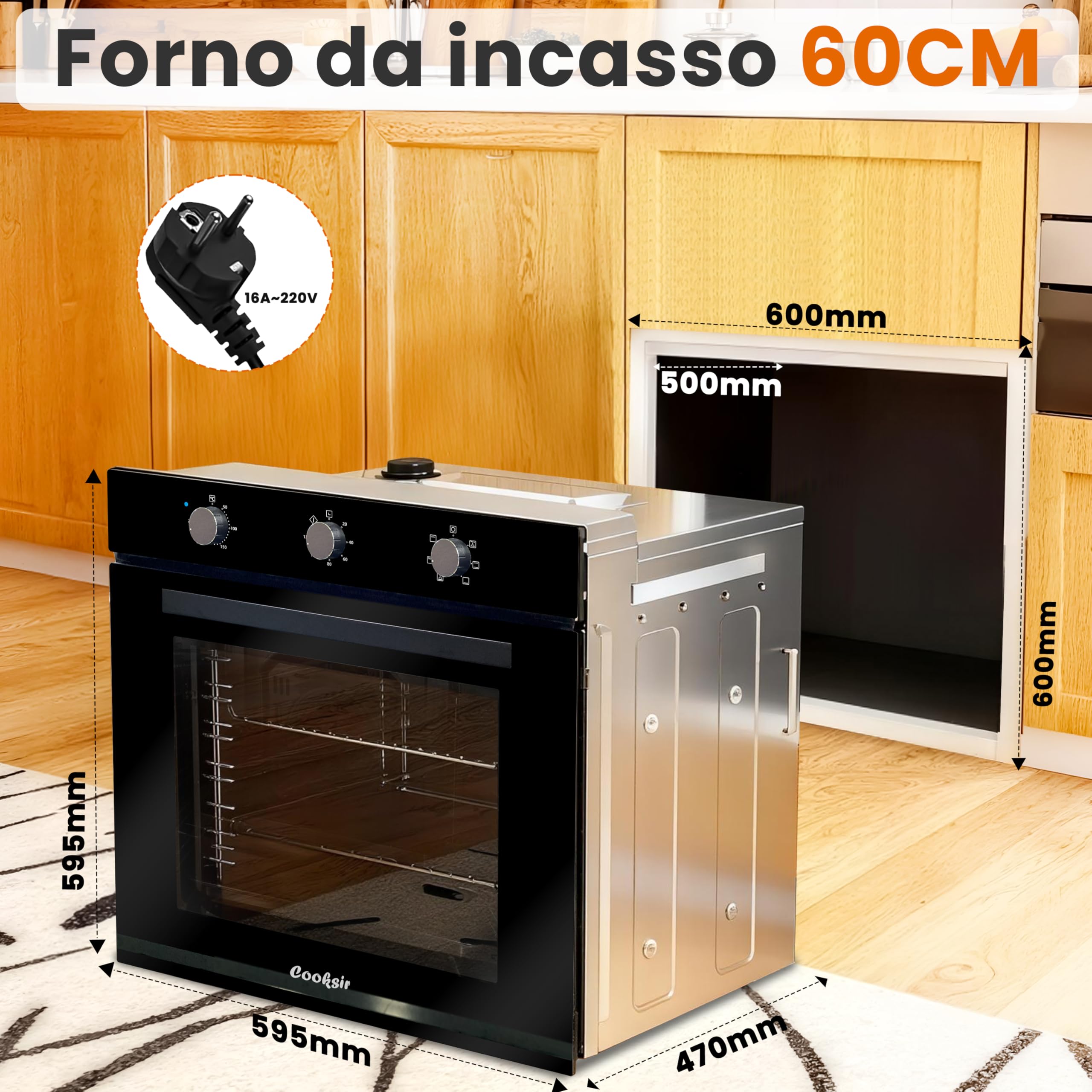 Forno da incasso 60CM, Forno Capiente da 60 Litri con Spina, 2200W, 6 Funzioni, Manopola Meccanica, Timer da 120 Minuti, Ventilatore Posteriore, 230V, 50Hz