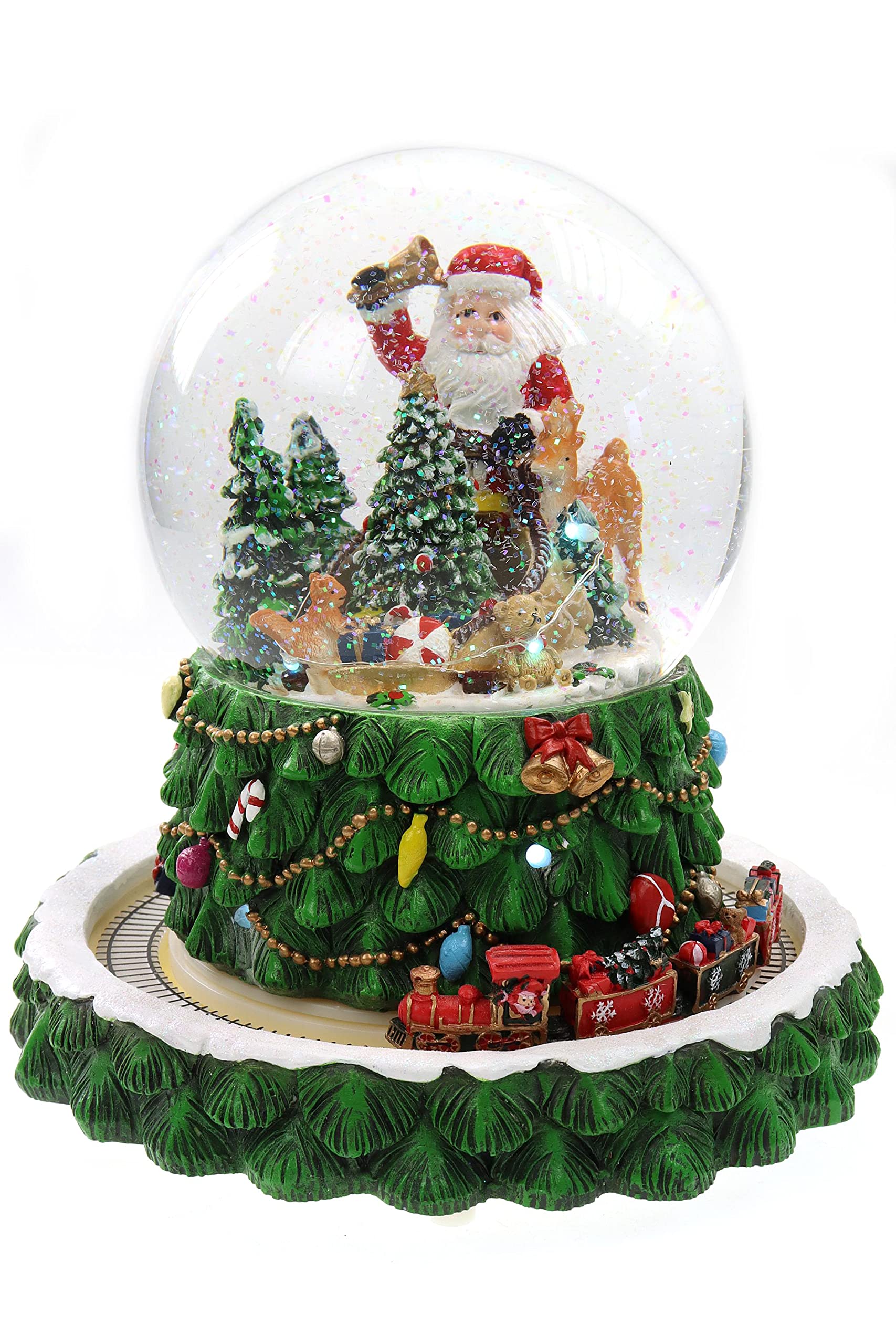 ELLUG Schneekugel/Spieluhr Tannenbaum ⌀150mm, weihnachtlicher Sockel mit rotierendem Zug, Musik, Licht & Schneeantrieb, H: 23,5cm