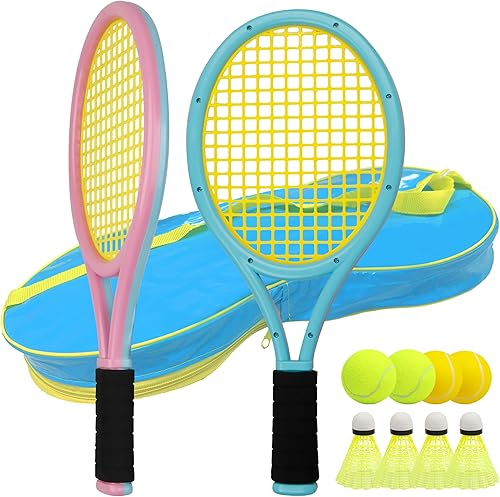 Raqueta de tenis infantil para bebés, niños y niños de 3 a 15 años, juego de raquetas de tenis para niños pequeños que incluye 4 volantes, 2 pelotas