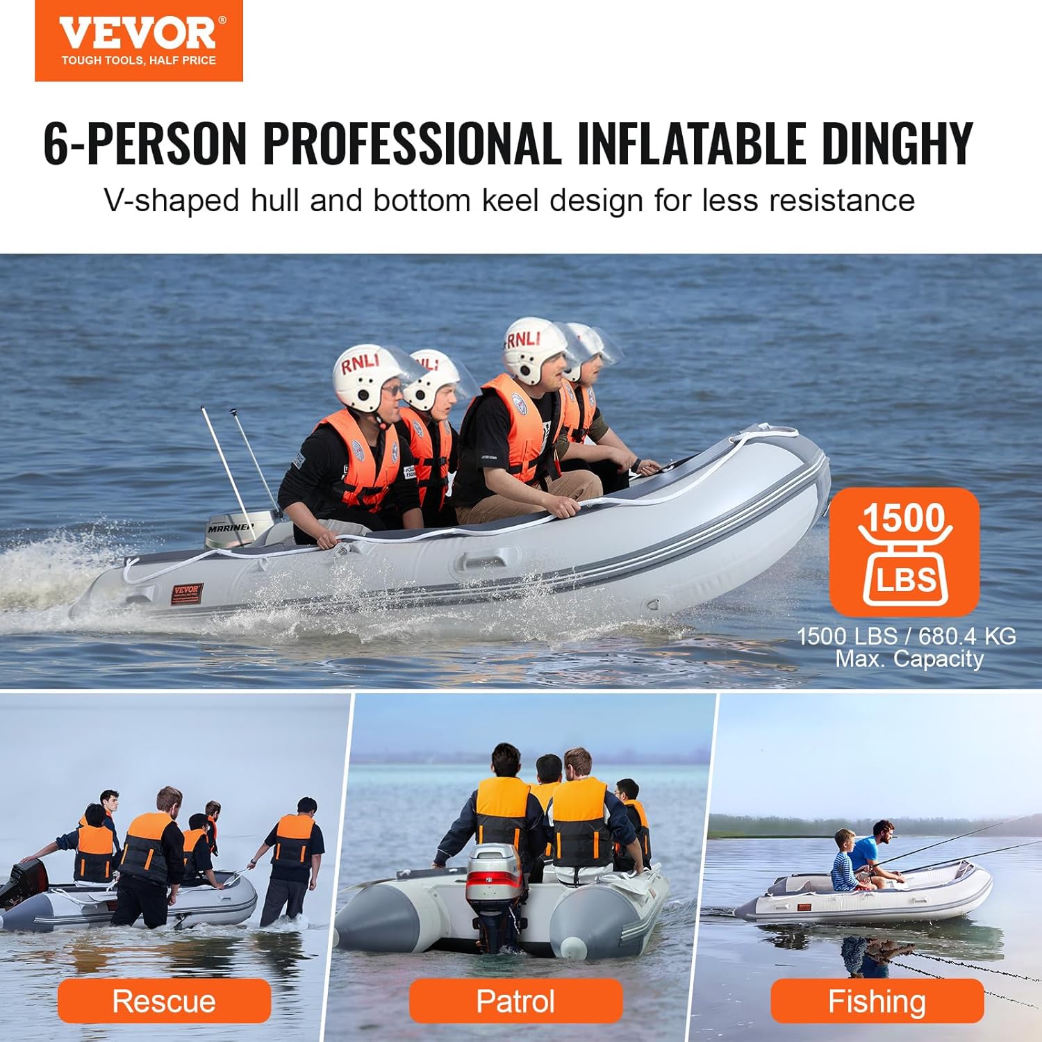 Several people in life vests riding the VEVOR inflatable boat on the water, demonstrating its 6-person capacity.