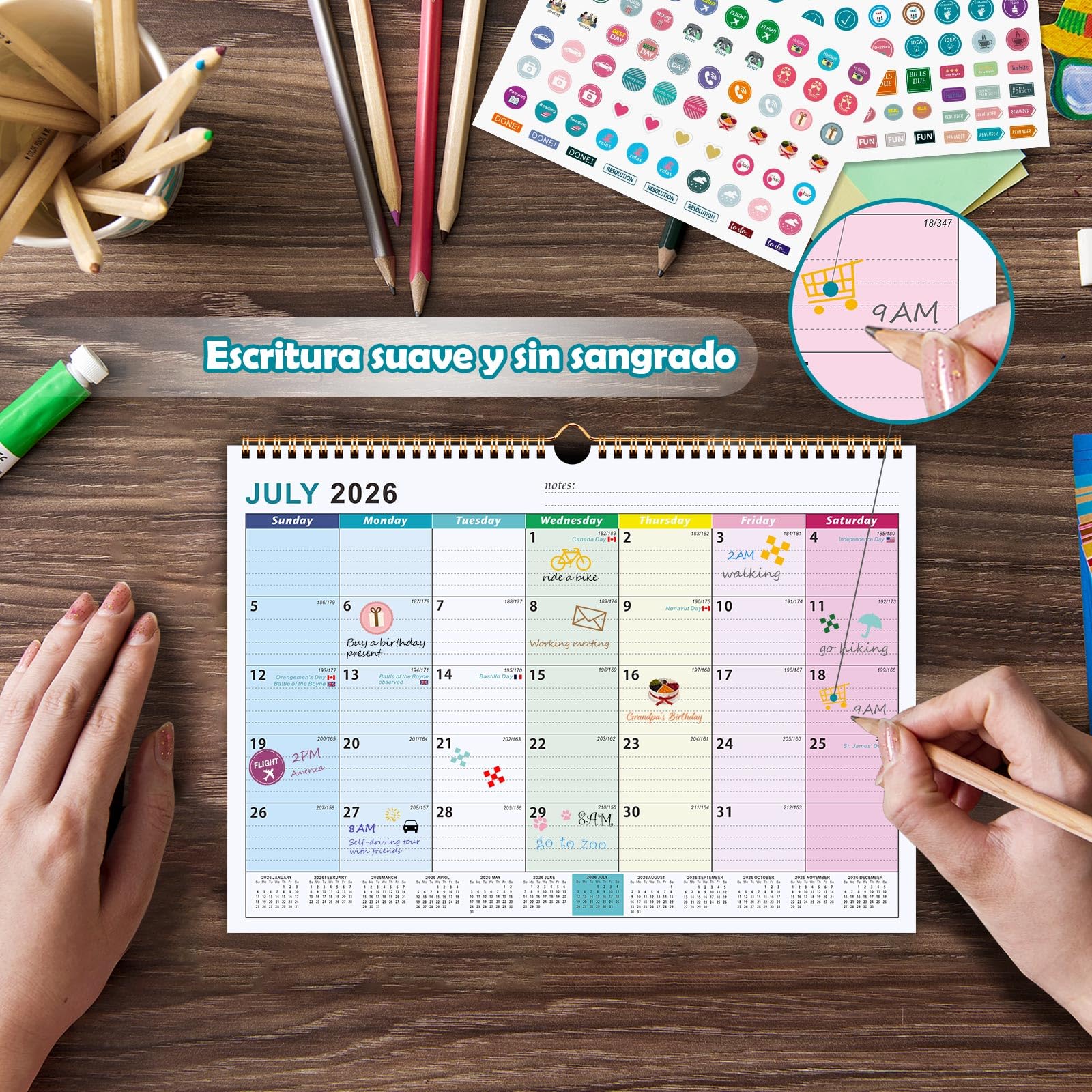 Benjia Calendario de pared 18 meses, calendar de mesa Julio 2026 - Diciembre ​​2027, A4 calendari planificador mensual, agenda calendario niños escolar 2026/2027 pared (Coloridas)