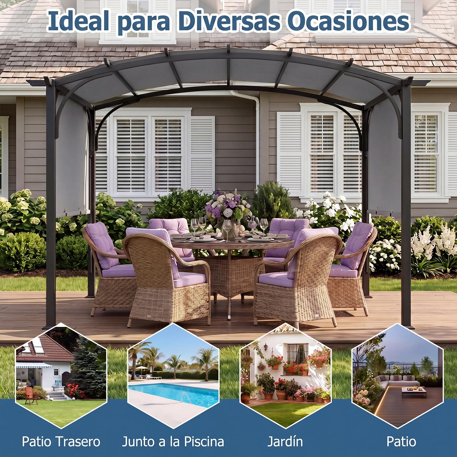 COSTWAY Pérgola Retráctil para Exterior, 3 x 2,4m, Cenador de Jardín con Techo Arqueado, Estructura Metálica y Tejido de Poliéster, Pabellón Jardín con Toldo para Patio Terraza Porche (Gris)