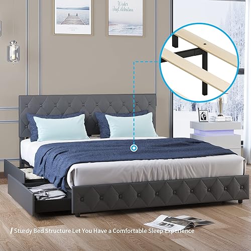 Miniatura 6 de Mjkone Base de cama tapizada con 4 cajones de almacenamiento, marcos de cama Queen de piel sintética con cabecera ajustable, diseño capitoné con
