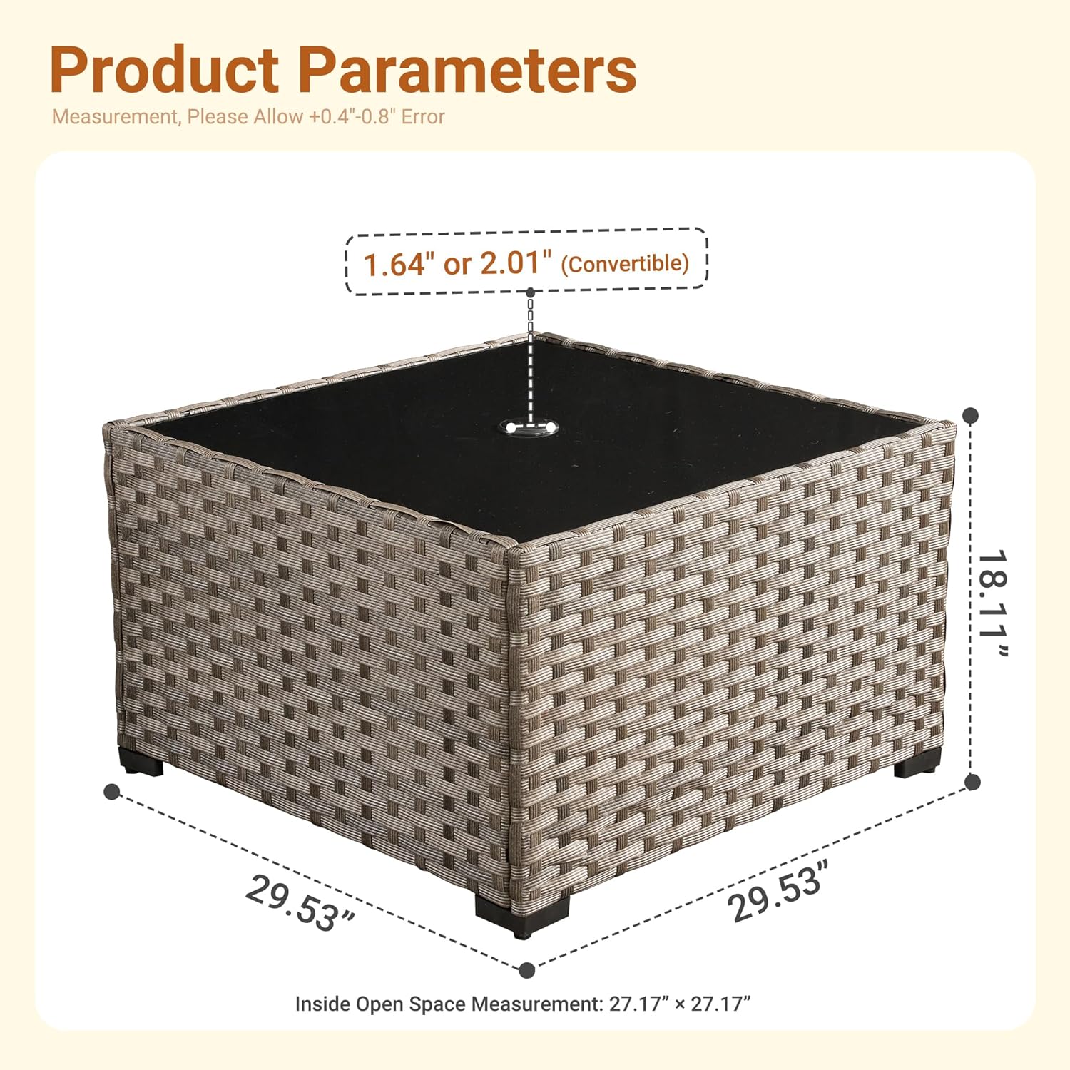 HOOOWOOO Outdoor Patio Side Table with Umbrella Hole,Wicker Coffee End Table Glass Top,Umbrella Table with 1.64" and 2" Hole for Yard,Deck,Porch,Garden(Rectangle Brown)