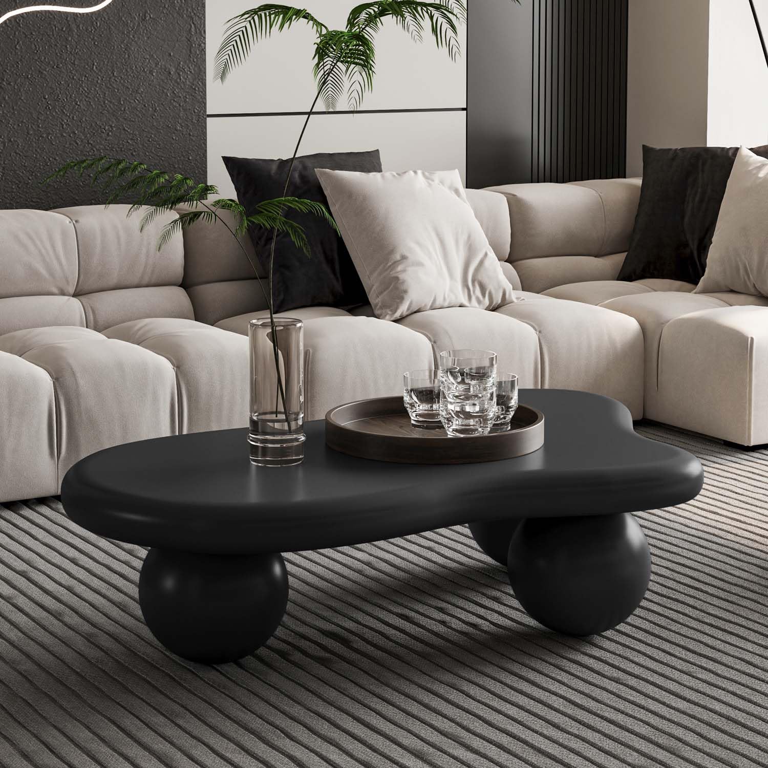 40" Black Modern Coffee Table Cloud Shape Low Center Table with 3 Ball Legs Cute Irregular Indoor Tea Table for Living Room Small Space