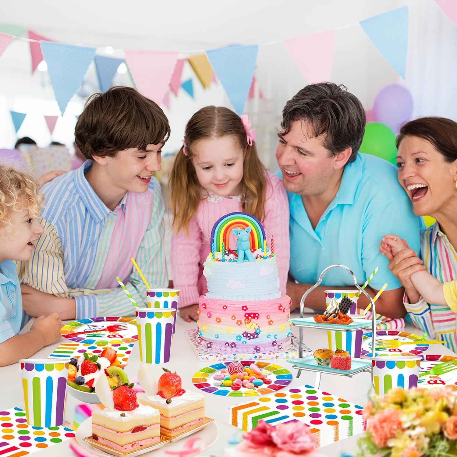 125 Pcs Rainbow Happy Birthday Party Supplies - Disposable Dinnerware with Plates, Cups, Napkins,Colorful Polka Dot Tableware, for Birthday, Baby Shower & Rainbow Themed Parties, Serves 25 - Image 6