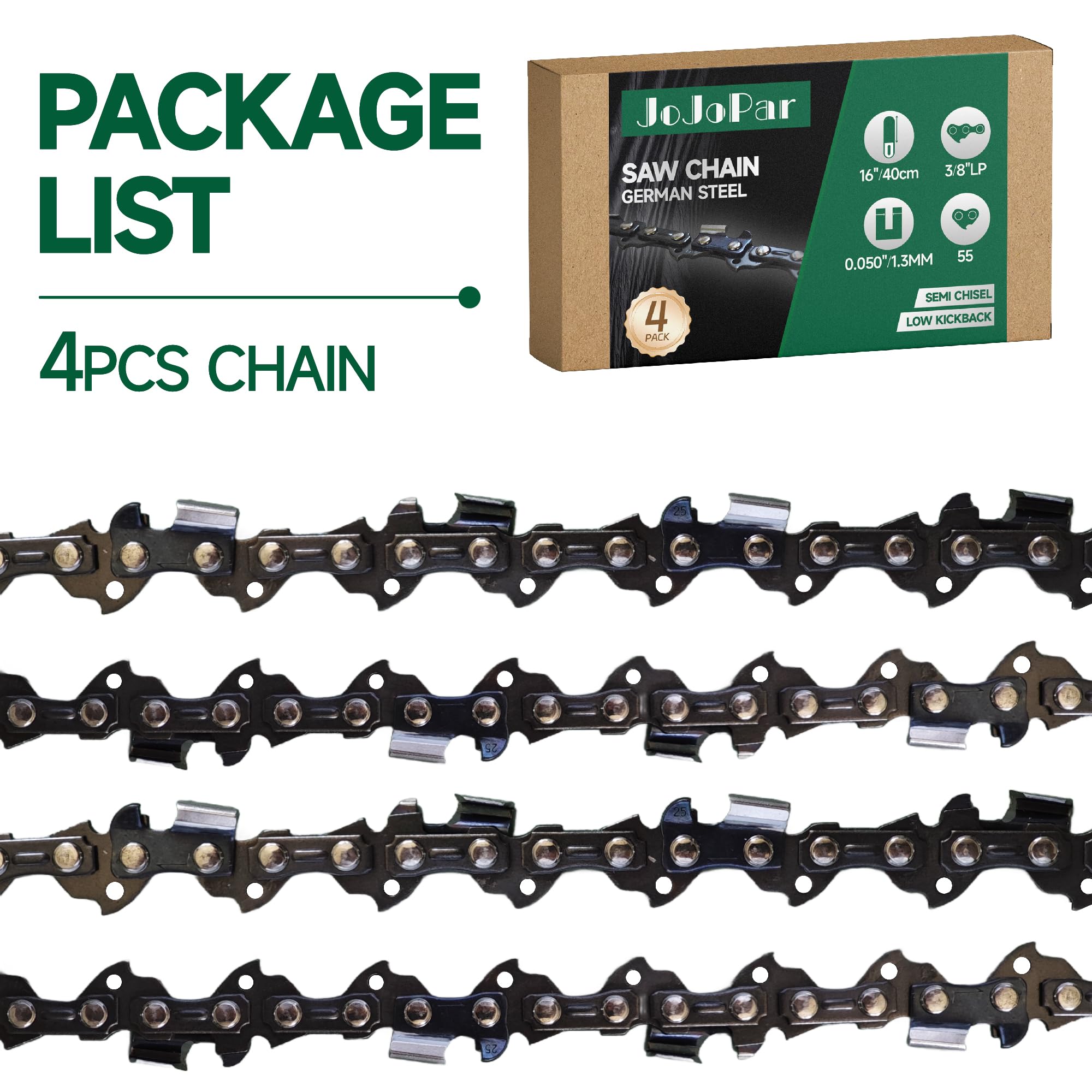 Paquete de 4 cadenas de motosierra de 16 pulgadas, paso LP de 3/8 pulgadas, calibre de 0.50 pulgadas, 55 eslabones de transmisión de 16 pulgadas, cadenas de sierra de retroceso bajo de repuesto