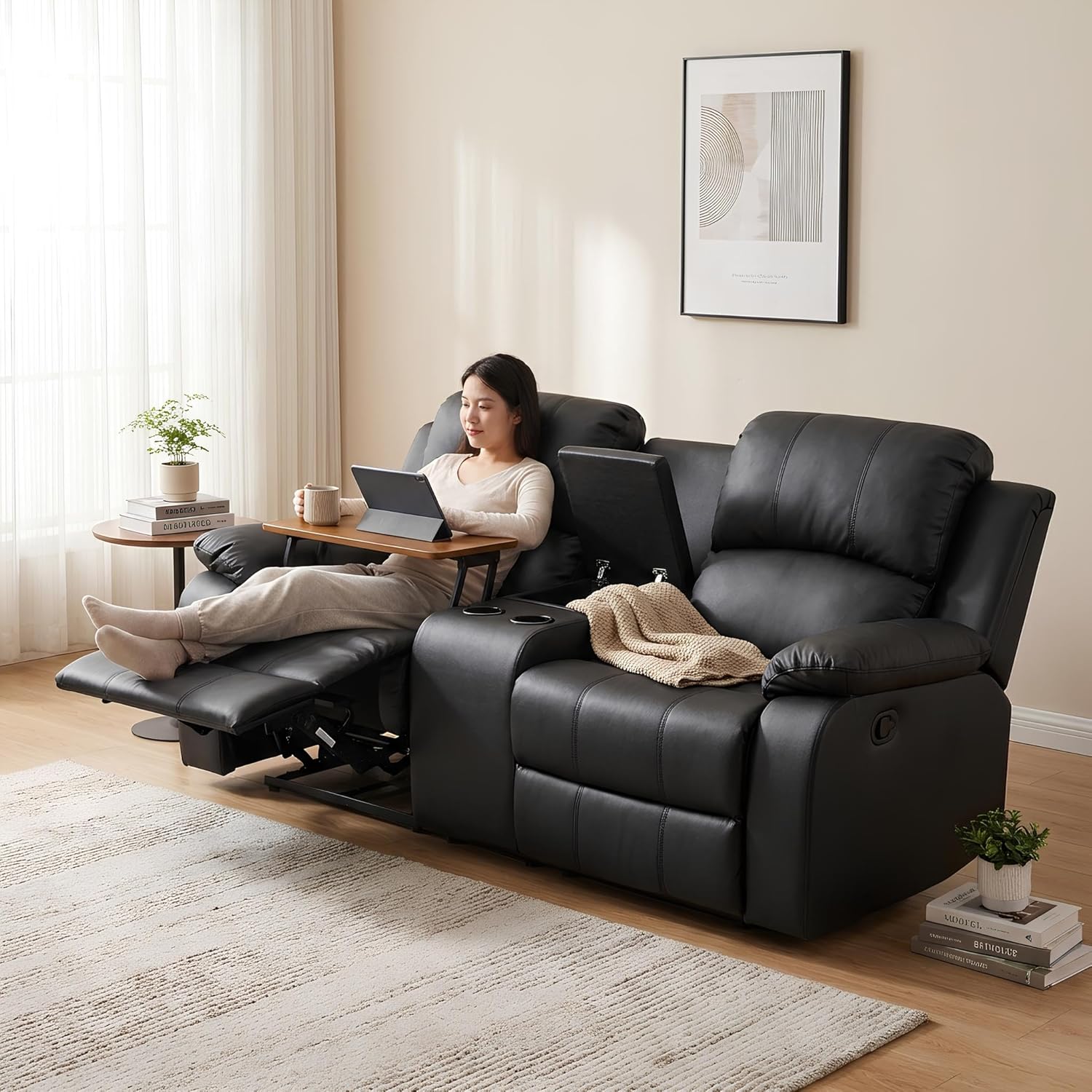 Manual Reclining Sectional Sofa Set, Leather Recliner Couches with Storage & Convertible Table, Living Room Furniture Sets with Multiple Combination for Home (Loveseat+Sofa, Black)