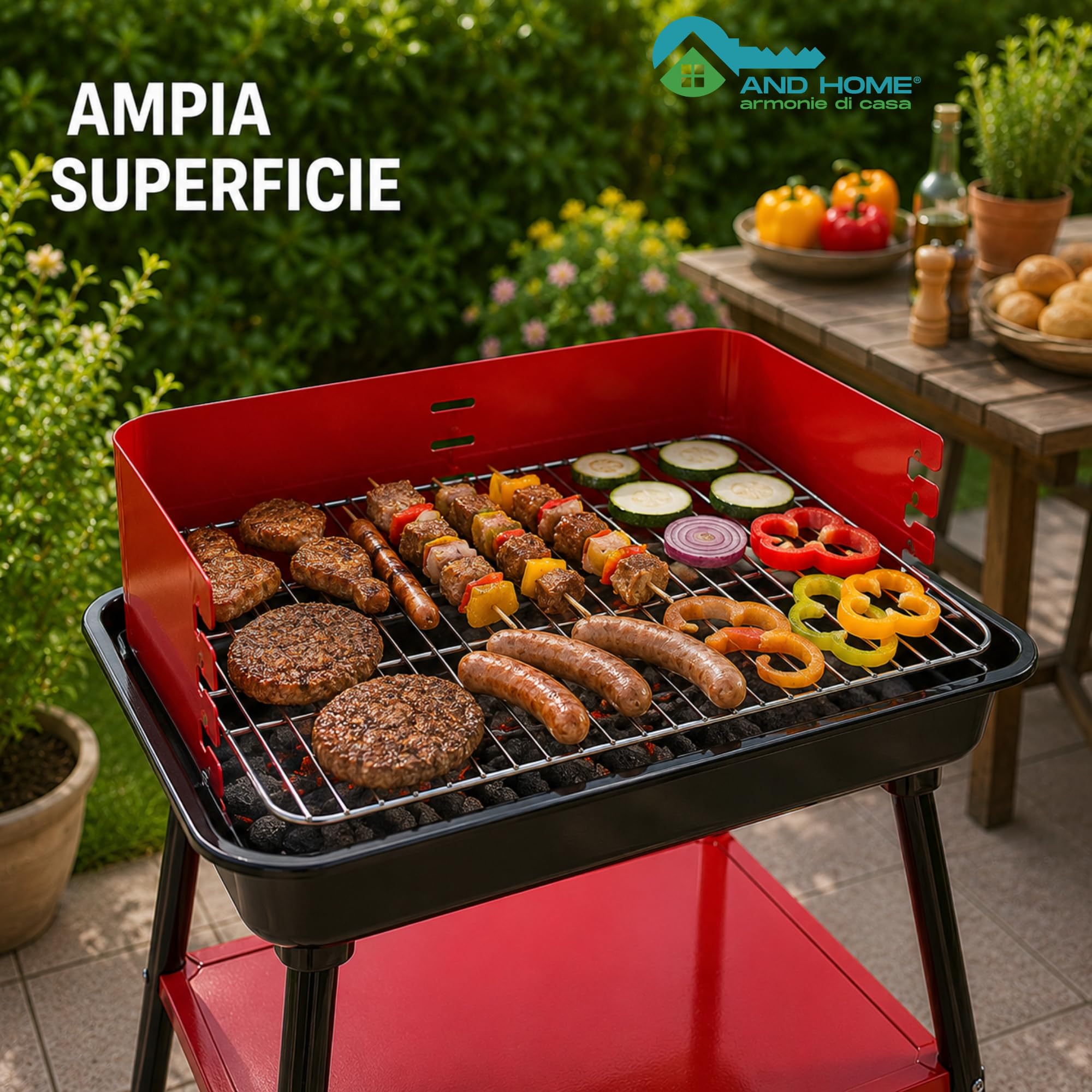 Barbecue Carbonella Rettangolare Stabile 4 Posizioni Cottura Griglia Cromata Rimovibile 53x34,5 cm Acciaio Carbonio