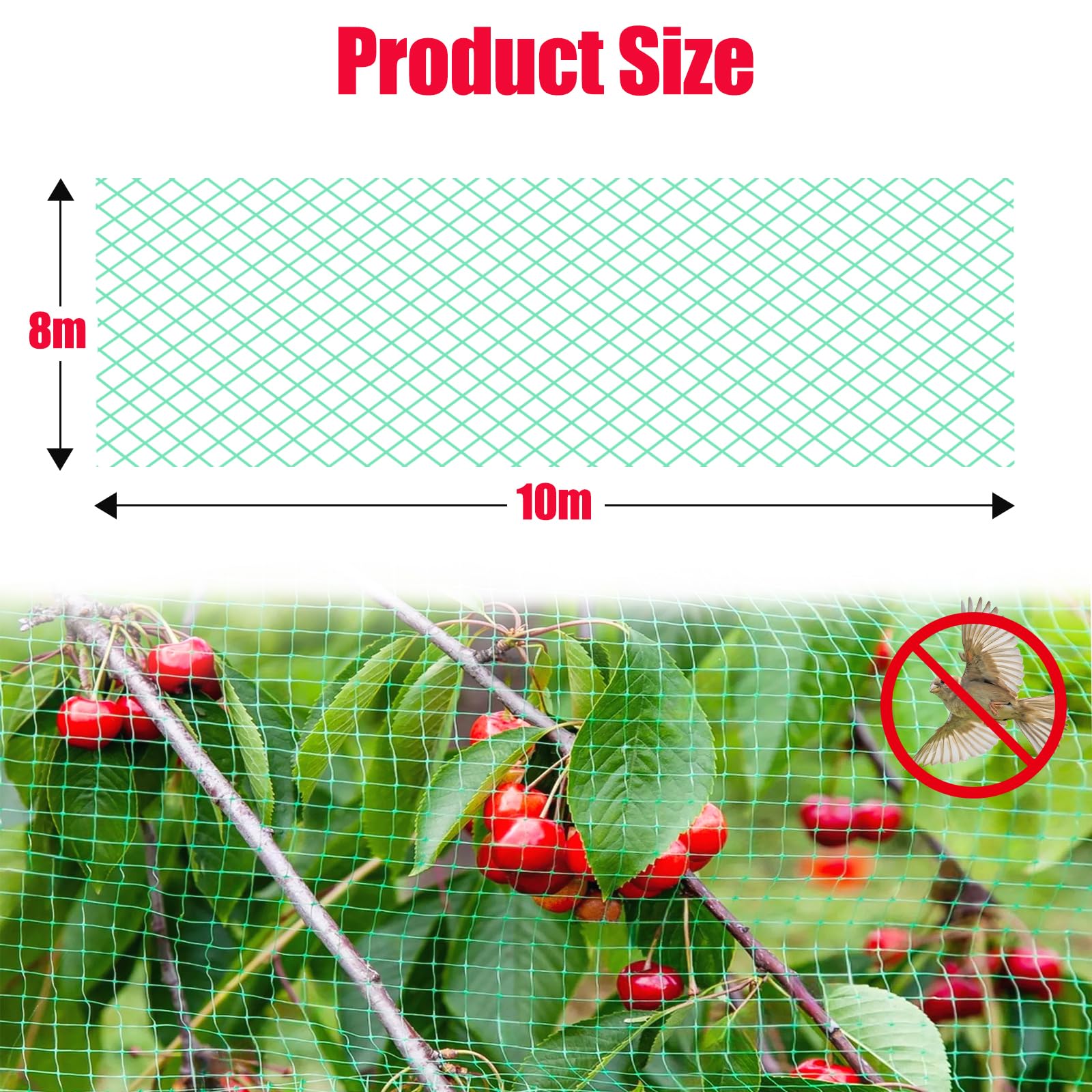 Rete di protezione per uccelli, 8 m x 10 m, per giardino e aiuole rialzate, protezione efficace da piccioni e altri uccelli, a maglia stretta e stabile per alberi da frutto, fragole e ciliegio