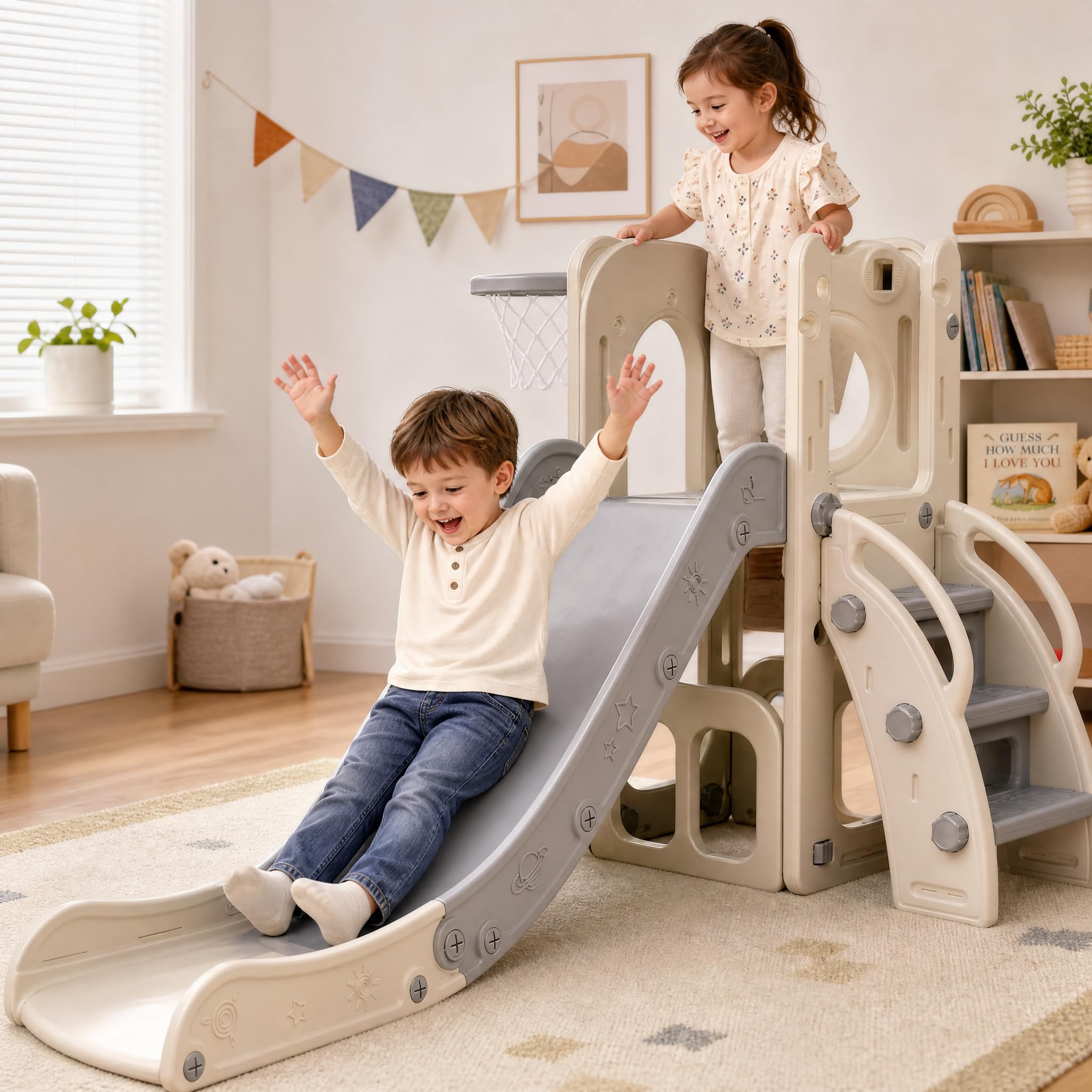 hotsizz Toboggan Enfant utilisable en intérieur et extérieur Toboggan 4 en 1 équipé d’Un Panier de Basket, d’Un bac de Rangement et d’escaliers d’Escalade,Longueur du Toboggan 136 cm