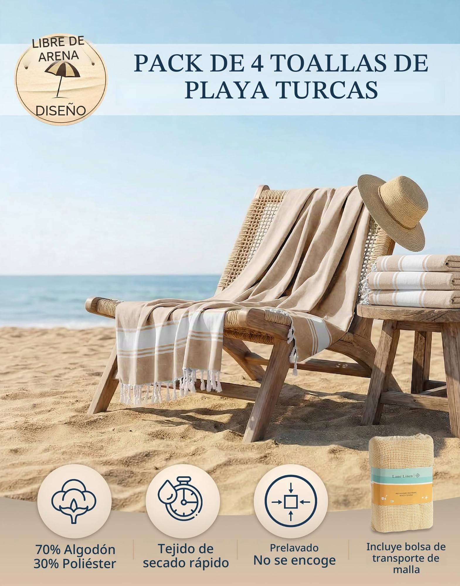 LANE LINEN Paquete de 4 toallas de playa de gran tamaño para adultos, toallas de playa ligeras de viaje, prelavadas para una sensación suave al tacto, toallas de playa de secado rápido, 39 x 71