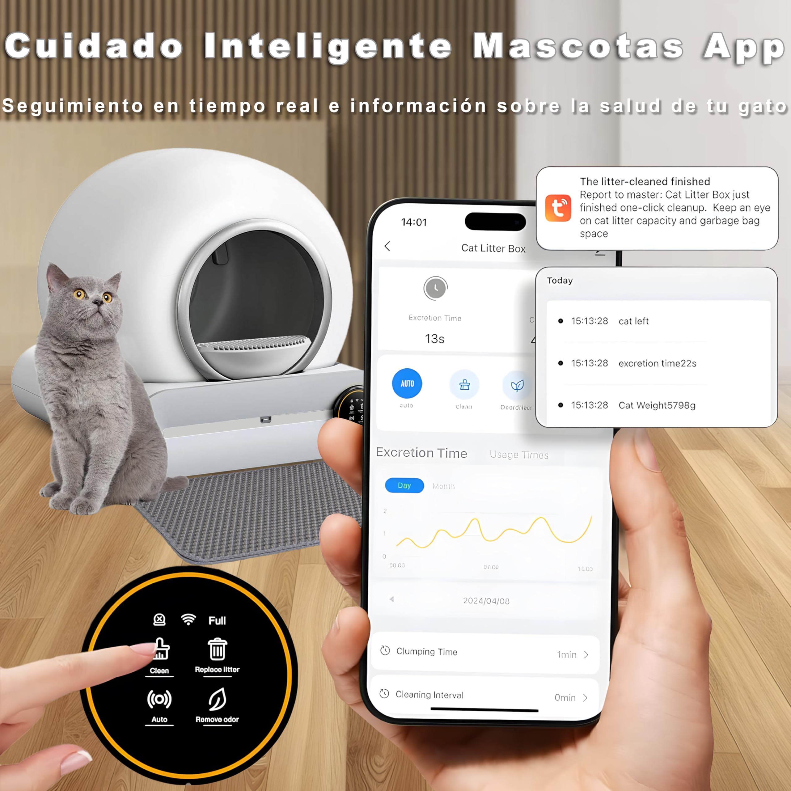 Arenero Gatos Autolimpiable, 74L Arenero Inteligente para Gato con Control App, Sin Fugas Orina, Eliminación de Olores con 5 Rollos Bolsas Basura y Tapetes Arena Gato para Varios Gatos (A)