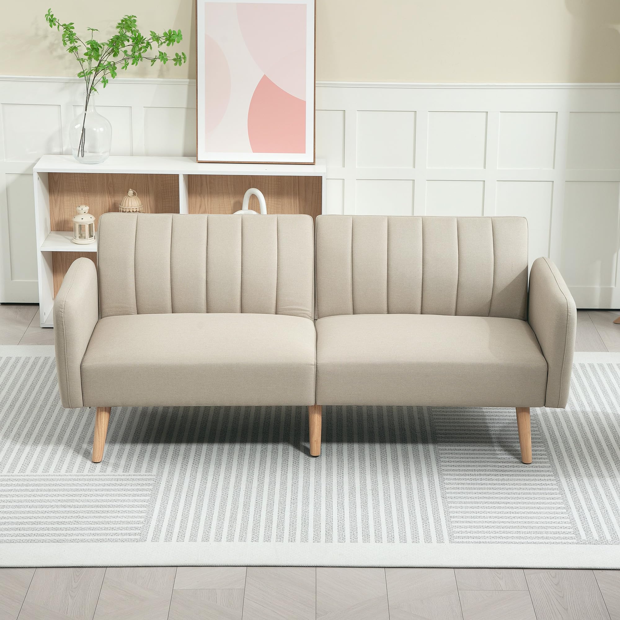 HOMCOM Canapé Convertible 2 Places Design scandinave Dossier inclinable 3 Positions Pieds Bois Tissu Aspect Lin Beige