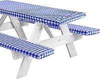 Vista 10 de LINPRO Funda de mesa de picnic de 6 pies con fundas de banco, fundas de mesa de picnic ajustadas con elástico impermeable, a cuadros, mantel