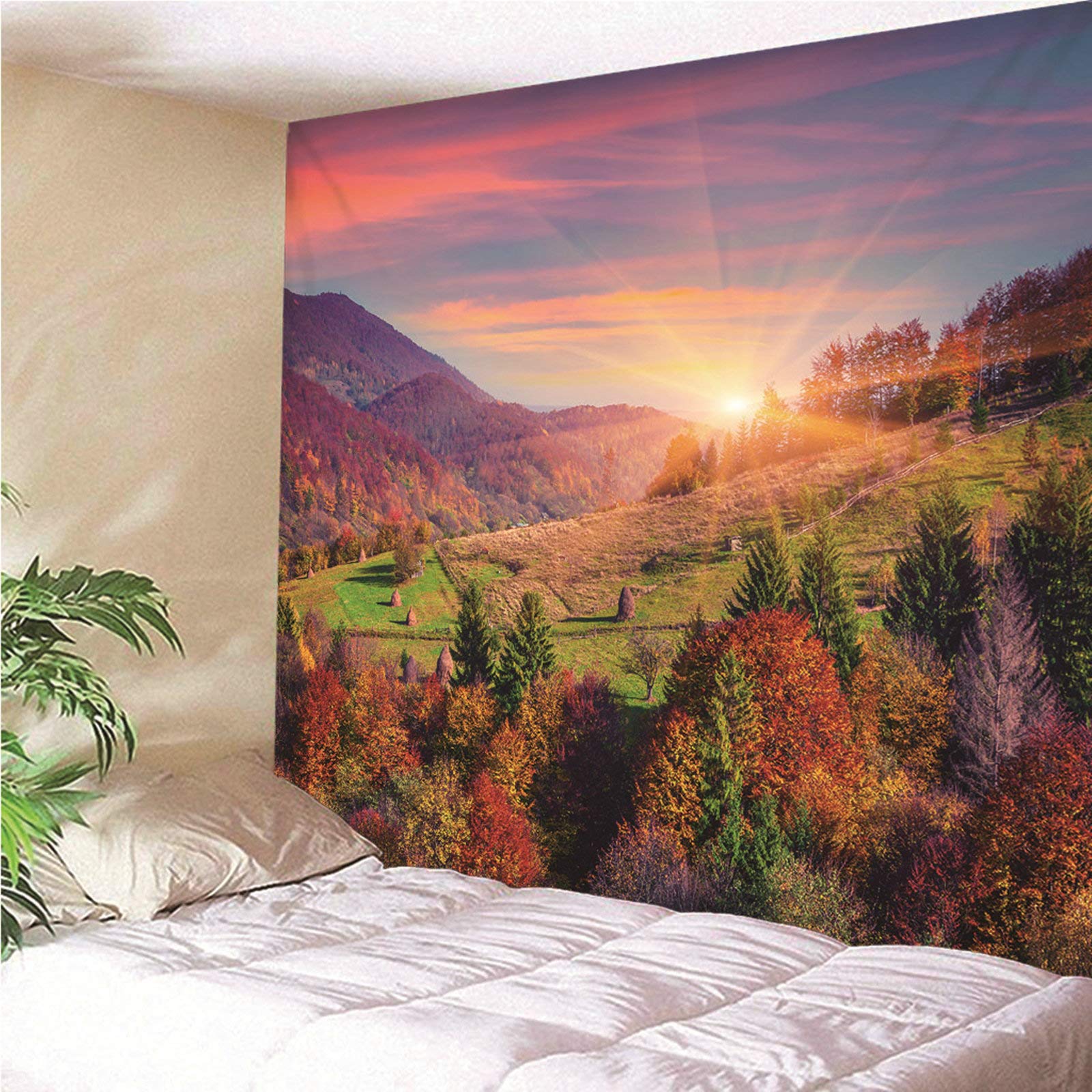 KnSam Dywan na ścianę, gobelin, ozdoba na ścianę, do salonu, dekoracja domu z poliestru, zachód słońca nad lasem górskim kolorowy 350 x 256 cm