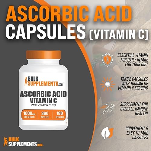 Miniatura 3 de BULKSUPPLEMENTS.COM Cápsulas de ácido ascórbico  Cápsulas de vitamina C, suplemento de vitamina C  Vitamina C 1000 mg, sin gluten  2 cápsulas por