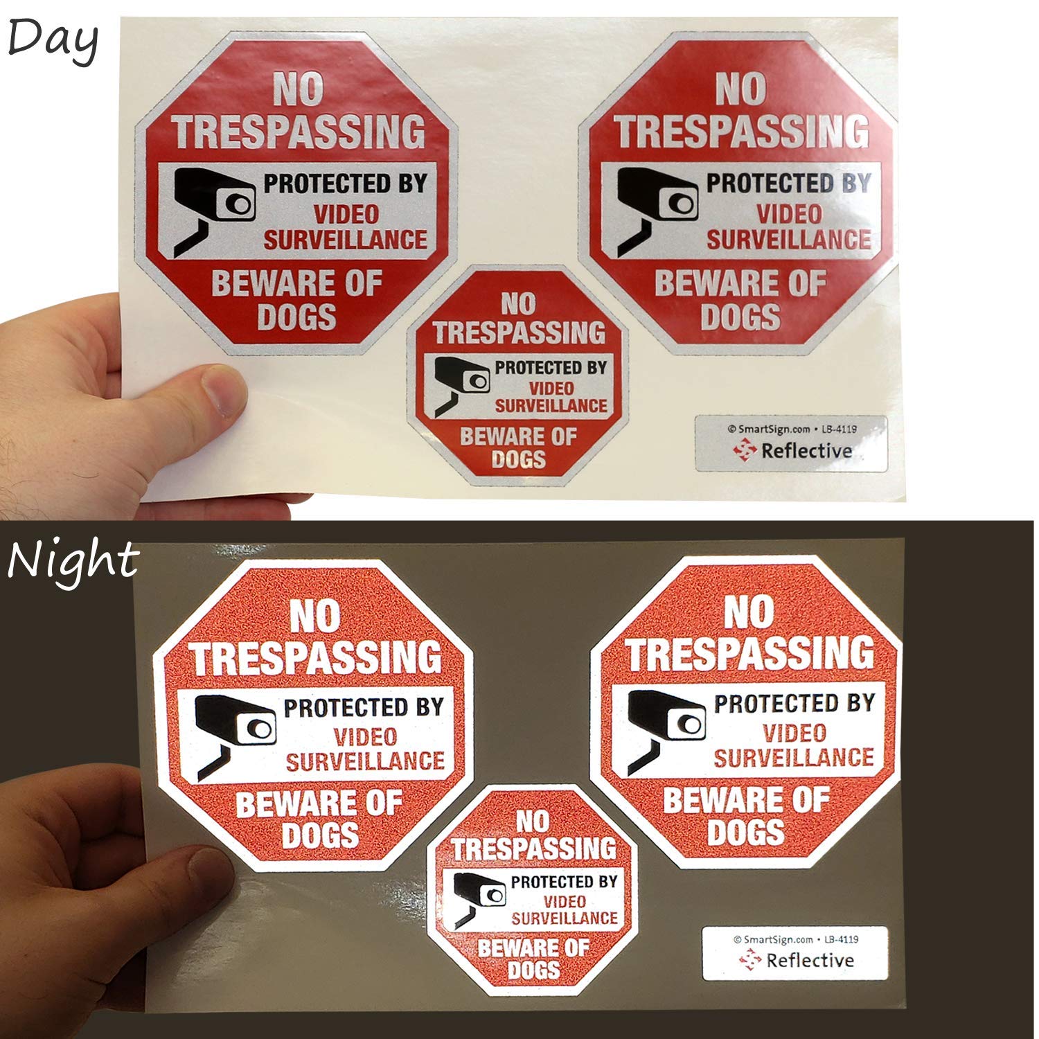 SmartSign No Trespassing - Beware of Dogs, zestaw naklejek do monitoringu wideo | dwie 10 cm x 10 cm i jedna 7 cm x 7 cm odblaskowa naklejka samoprzylepna