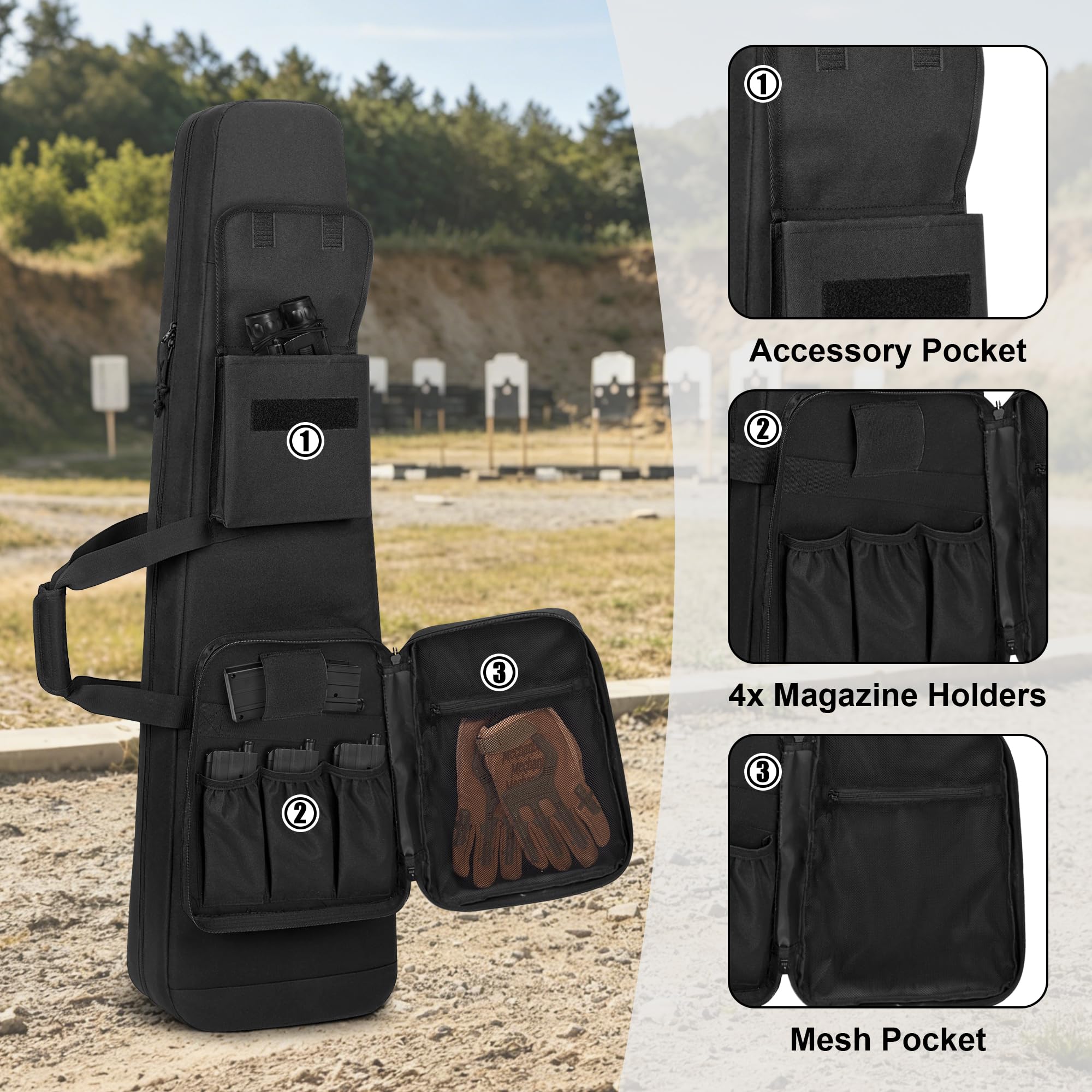 DSLEAF Mochila y Funda Doble para Rifles de 42”, Estuche de Transporte Acolchado con Cremalleras con Cierre de Doble Vía, Bolsa Táctica con Múltiples Bolsillos para Tiro y Caza