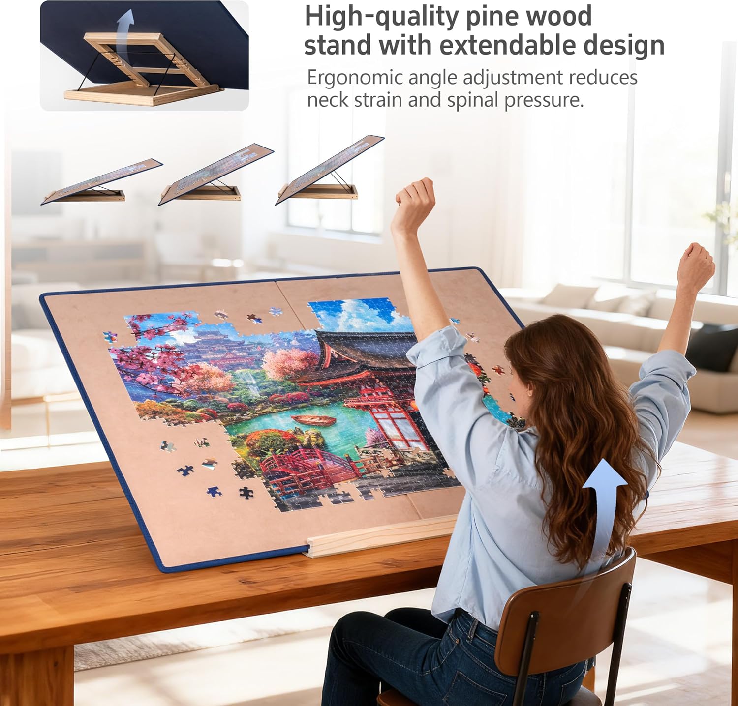 Tektalk Foldable Jigsaw Puzzle Board with 3 Angle Adjustable Bracket/Stand, Lightweight Portable Puzzle Mat with Dustproof Cover for Puzzle Storage Saver, Non-Slip Surface, Up to 1500 Pieces - Khaki